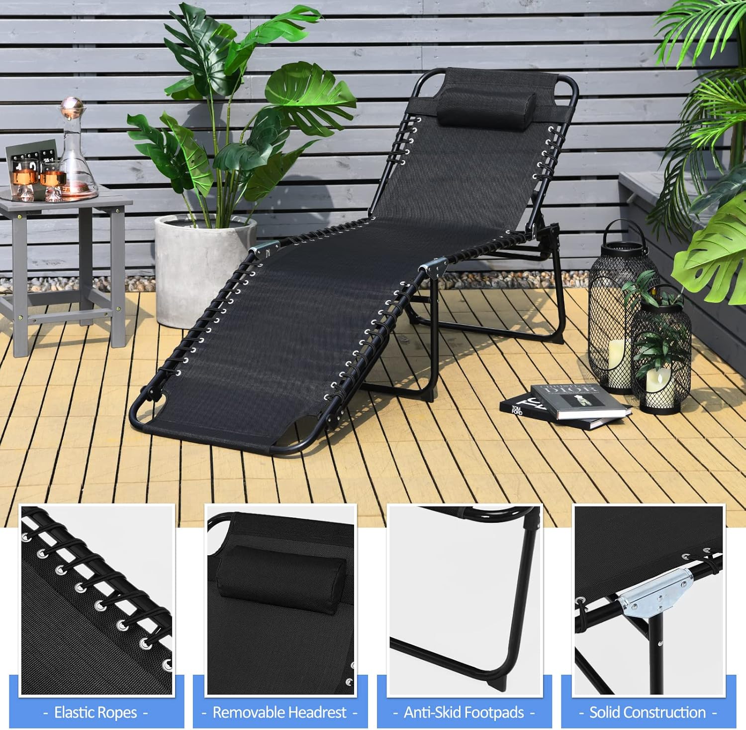 COSTWAY Tumbona plegable de 16 pulgadas de alto reclinable, con respaldo ajustable y reposapiés, color negro
