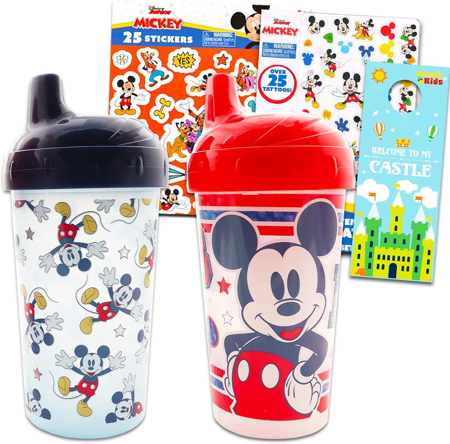 Disney Mickey Mouse – Juego de vasos para niños  Paquete con 2 tazas a prueba de derrames, a prueba de fugas, aisladas más calcomanías de Mickey,