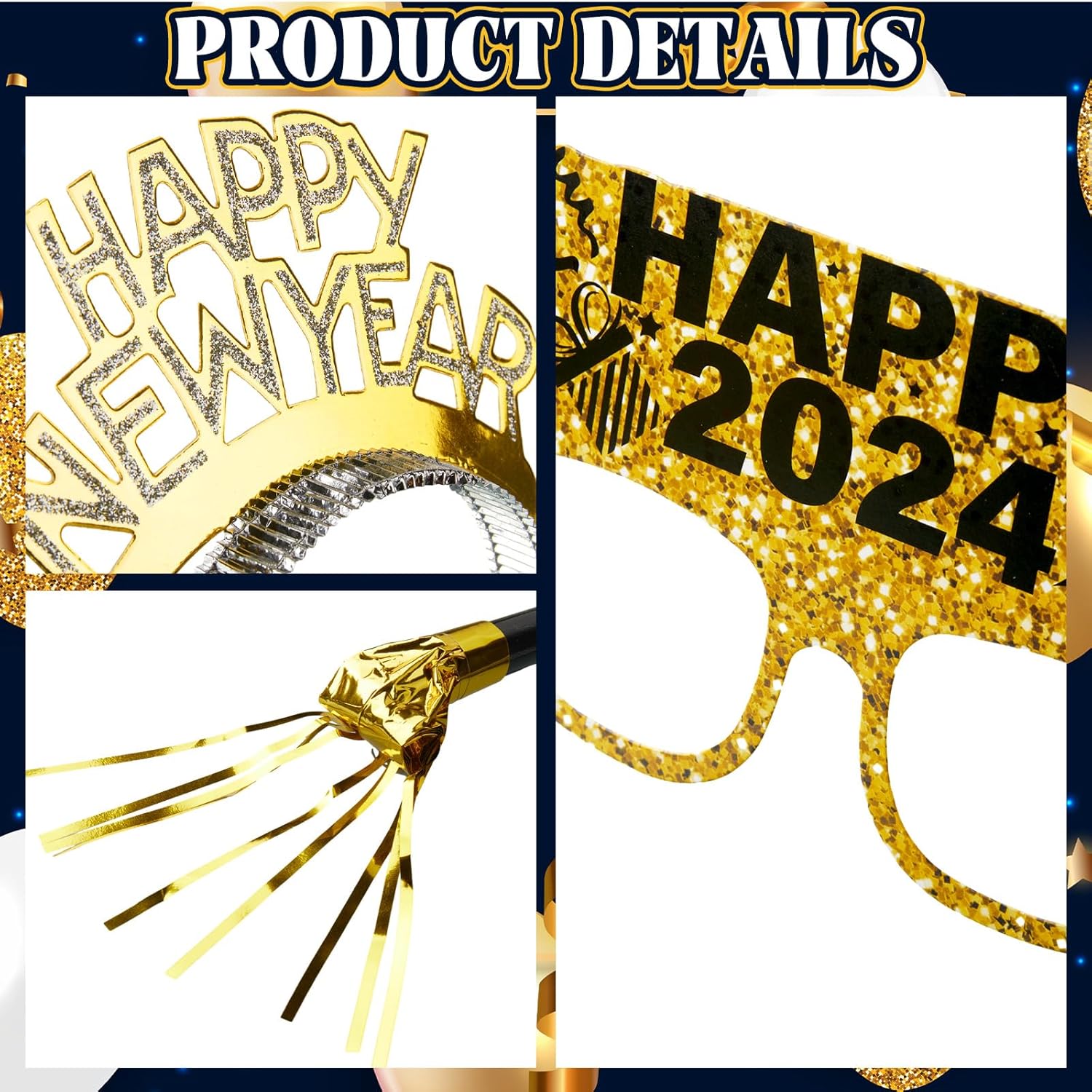 Gemscream 144 piezas 2024 suministros para fiesta de Año Nuevo, incluye 48 diademas de Año Nuevo, 48 gafas de Año Nuevo, 48 vasos largos y cortos