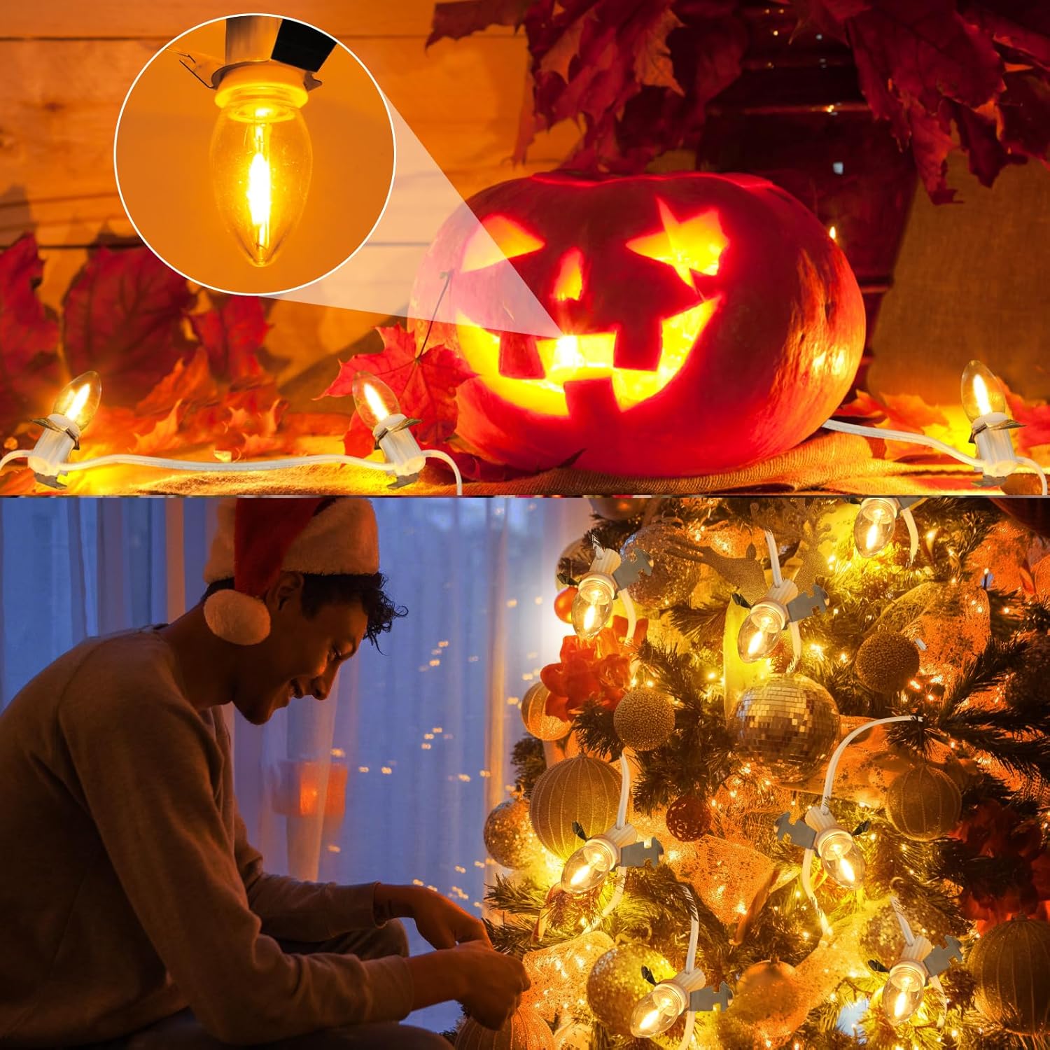kzfuli Christmas Village – Luces LED moldeadas por soplado C7. 4.9 pies con fusible de interruptor, adecuadas para linternas de calabaza de