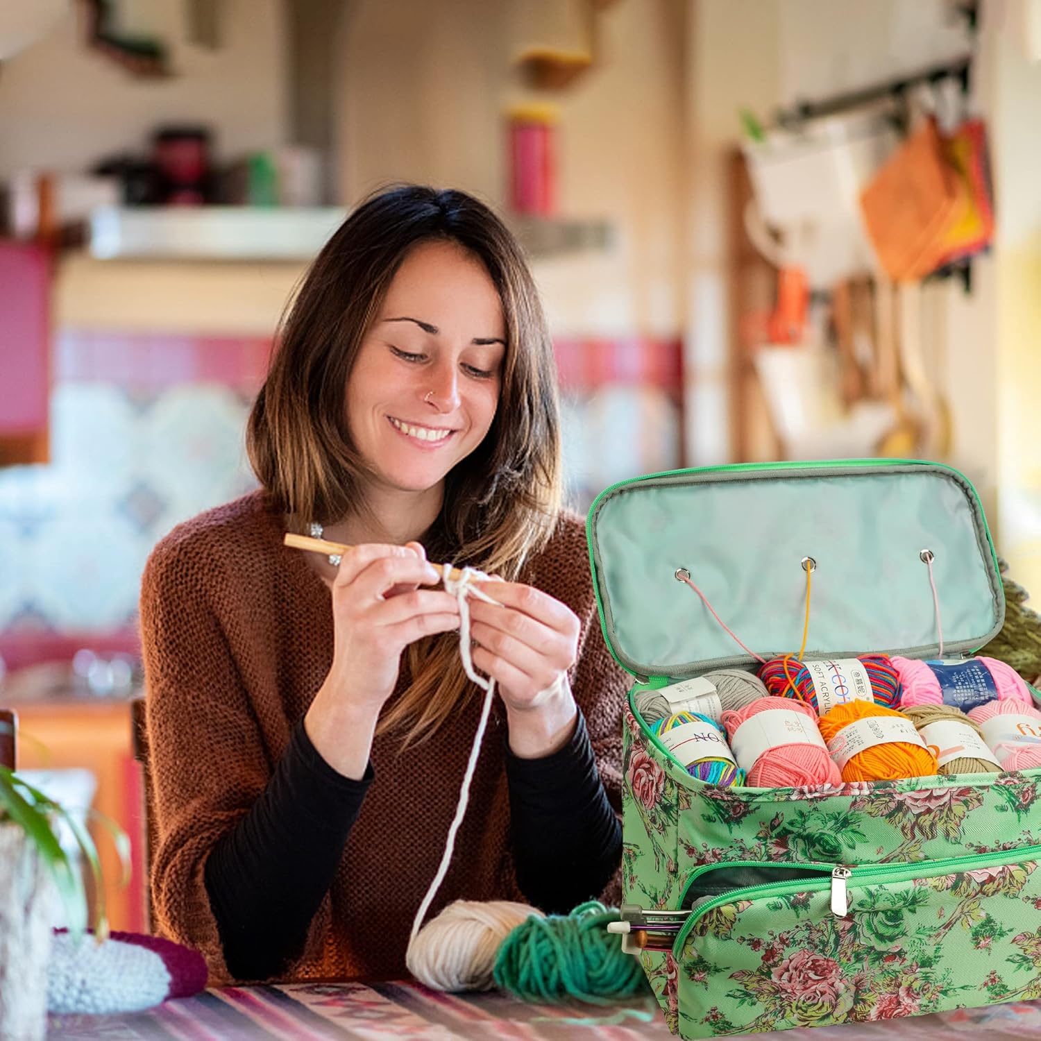 Looen – Bolsa para tejer de gran tamaño, organizador para guardar bolas de estambre e hilo con cierre de cremallera y bolsillo para agujas y