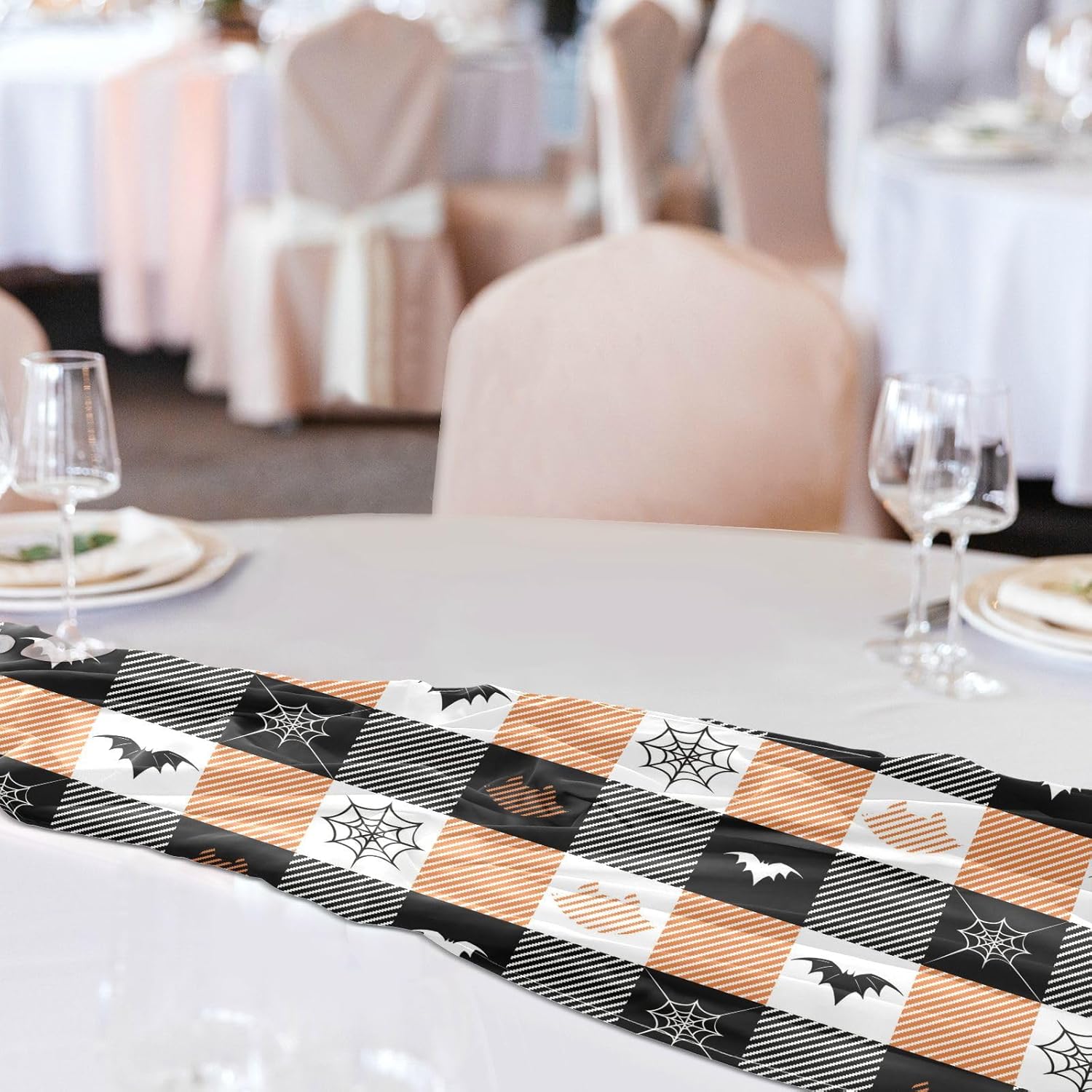 Black Yellow Halloween Plaid Table Runner Fall Kitchen Decor for Kitchen Decorations Halloween Decor 108 Inches Long
