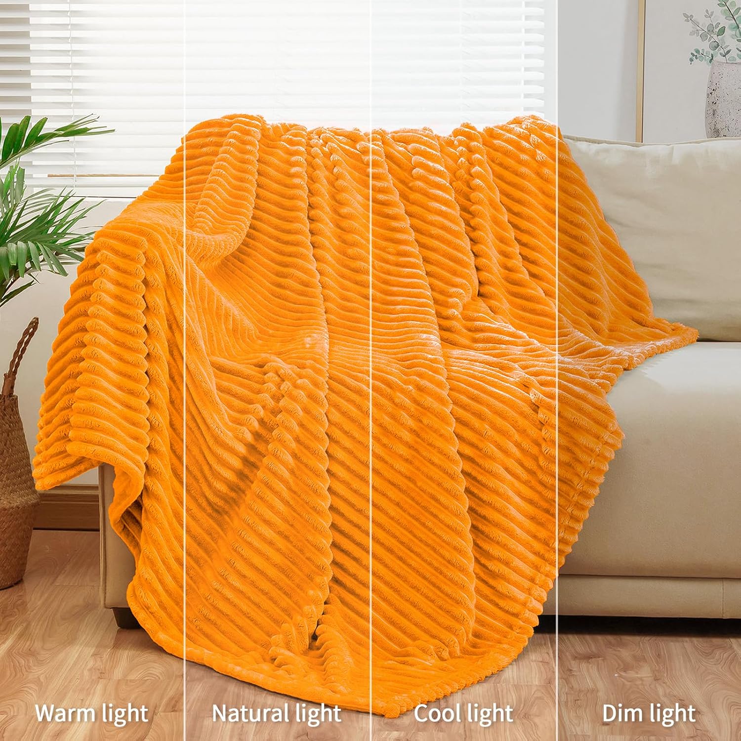 Bnuitland Manta de franela naranja claro con bolsa de almacenamiento, manta de sofá de 300 GSM súper suave con patrón de rayas para adultos y niños,