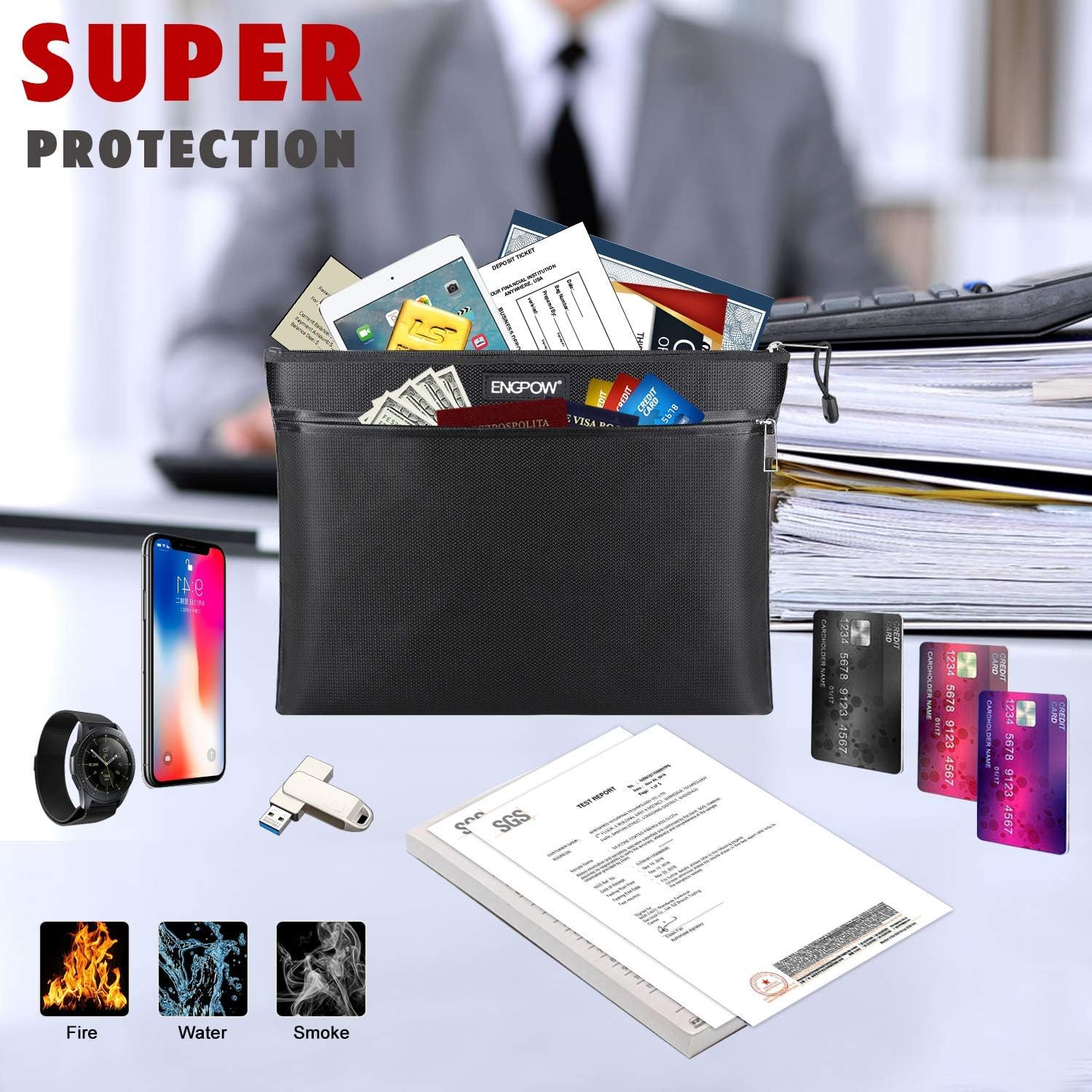 Bolsa de documentos ignífuga con dos bolsillos, dos cremalleras,ENGPOW Bolsa de seguridad ignífuga de 13.4 “x 10.2” impermeable e ignífuga bolsa de