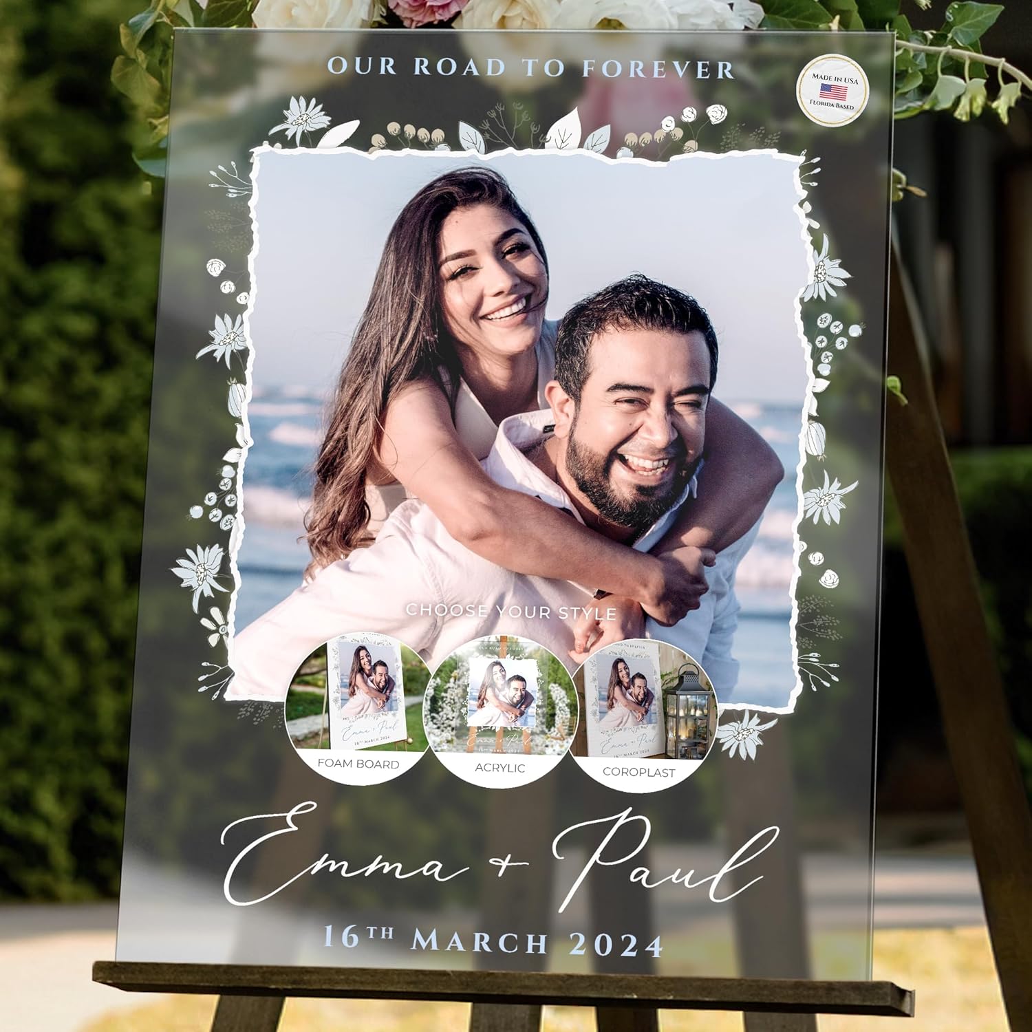Letrero de bienvenida de boda personalizado de 24 x 18 pulgadas con foto y texto, letrero de recepción personalizado en acrílico, tablero de espuma
