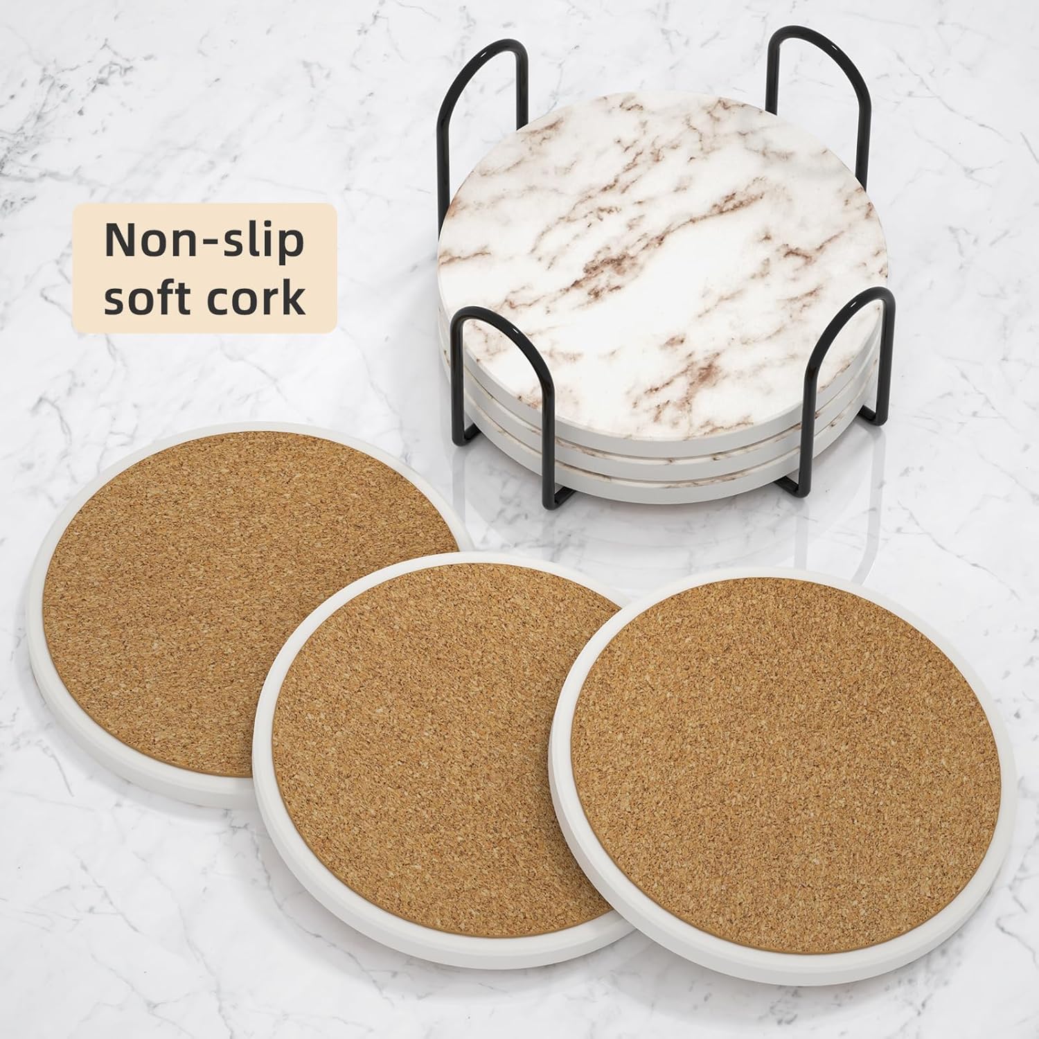 Posavasos absorbentes con soporte, juego de 6 posavasos absorbentes, posavasos de ágata de cerámica con mármol y base de corcho para mesa de café,