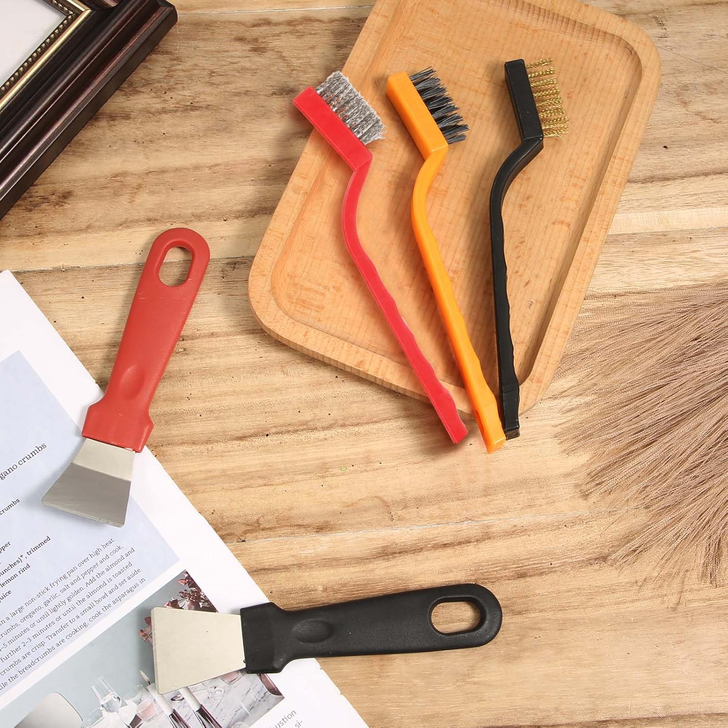Juego de 5 cepillos de alambre resistentes, acero inoxidable, latónnailon, cepillo de pintura para raspar, raspador de pintura para limpiar escoria