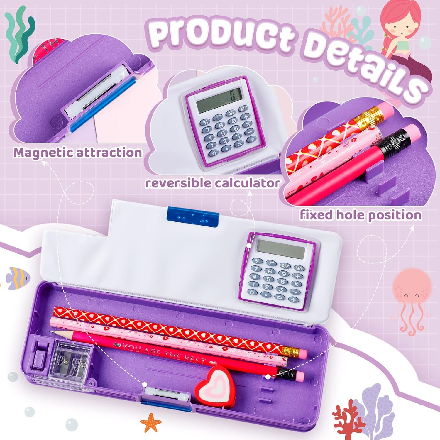 Henoyso Caja de lápices para niñas, estuche de sirena con calculadora y sacapuntas, estuche multifunción para lápices, suministros escolares, regalo