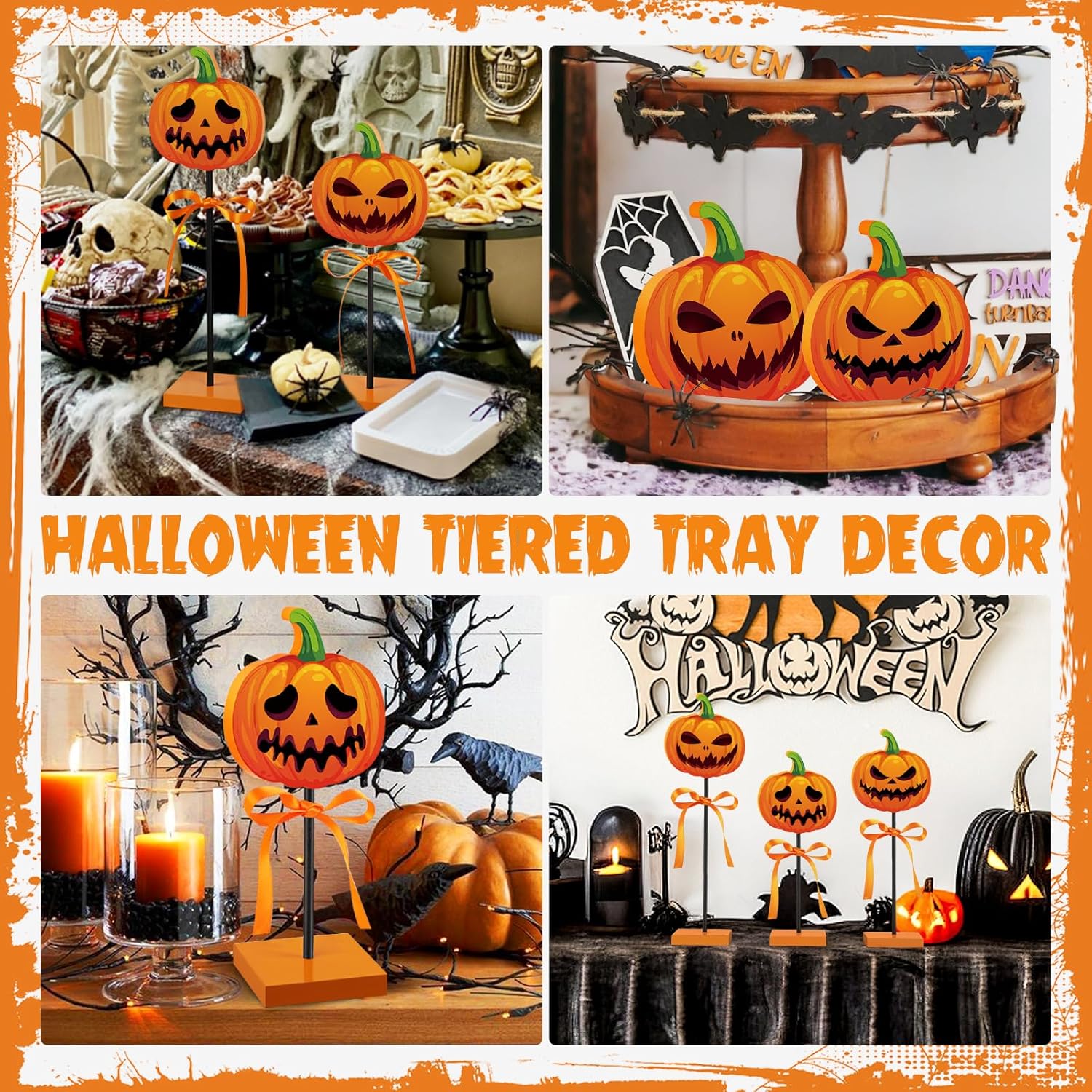 3 piezas de decoración de bandeja escalonada de Halloween, calabaza de madera, decoración de Halloween, letrero aterrador para interiores para