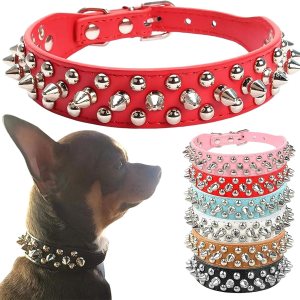 Collar de perro con pinchos, de piel sintética suave, color rojo, con forma de hongos, remaches, tachuelas, collar ajustable para perros pequeños, Collar de perro con pinchos, de piel sintética suave, color rojo, con forma de hongos, remaches, tachuelas, collar ajustable para perros pequeños,