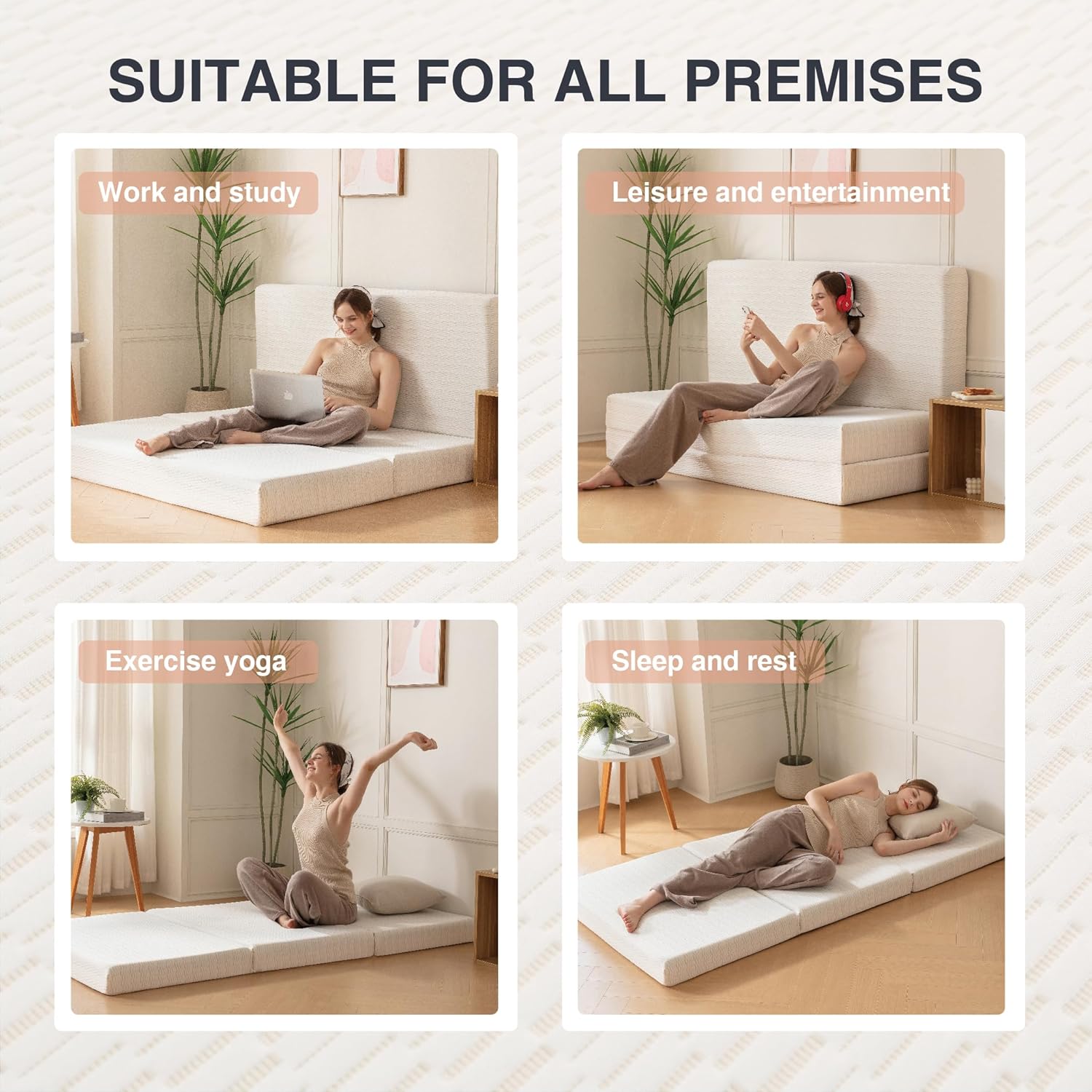 Colchón plegable, cubrecolchón de espuma viscoelástica triple portátil de 4 pulgadas, certificado CertiPUR-US, con funda lavable, cama de invitados