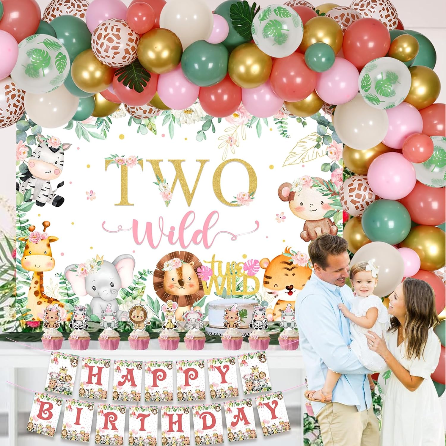 Decoraciones de segundo cumpleaños con temática de selva para niña, kit de arco de globos rosa polvoriento y verde salvia con dos decoraciones de