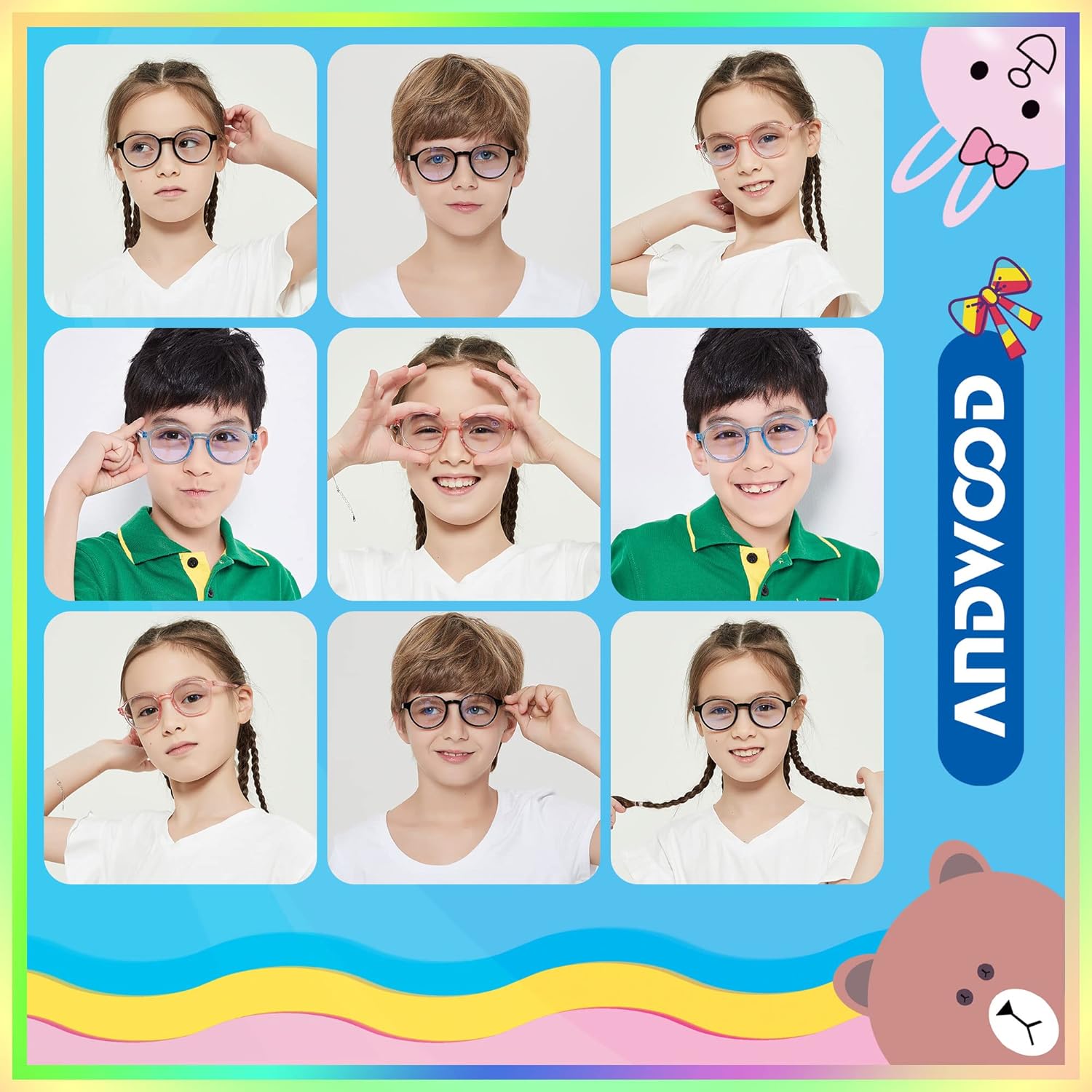 ANDWOOD Gafas de luz azul para niños, niñas, niños, computadora, juegos, anti rayos azules, gafas de sol polarizadas de 3 a 12 años