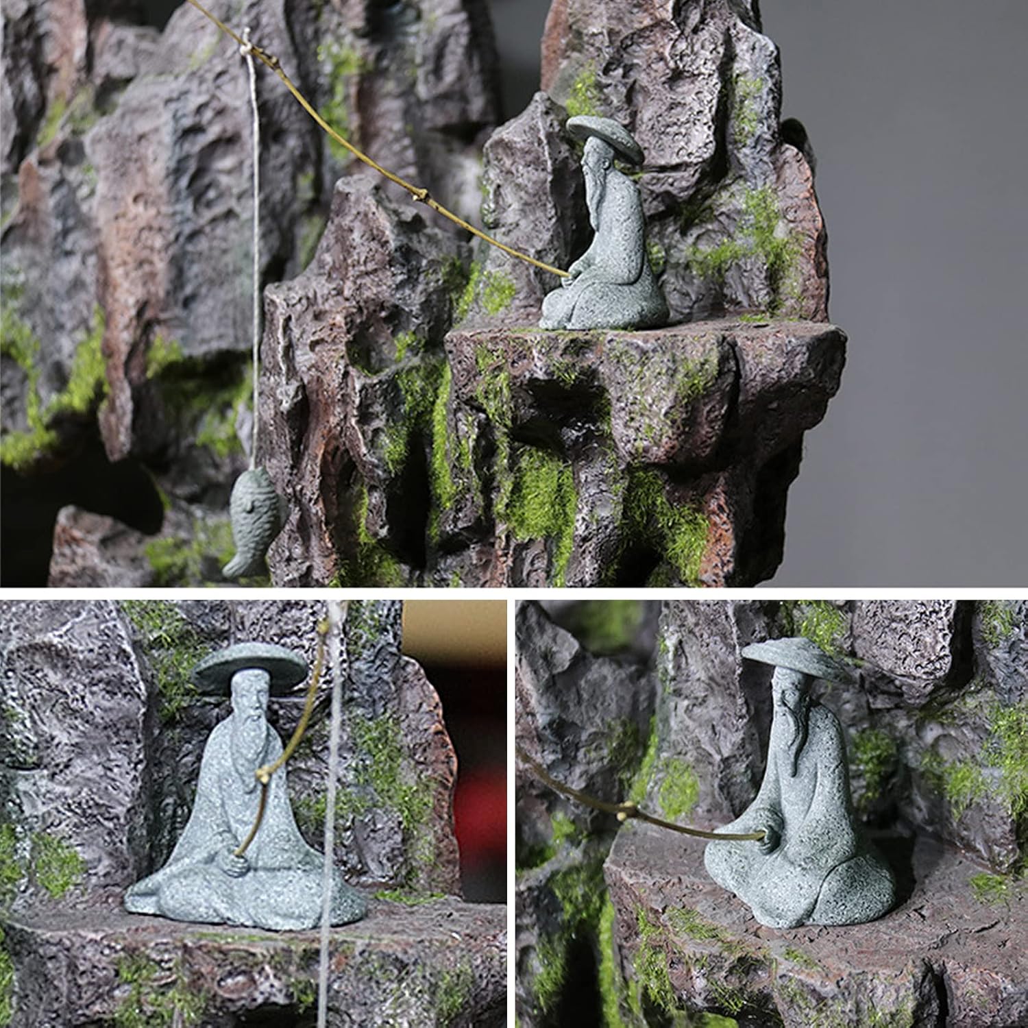 Zreneyfex 2 mini figuras de piedra arenisca de pescador sentado pescador estatua de lodo para pecera y micro paisaje decoración de jardín
