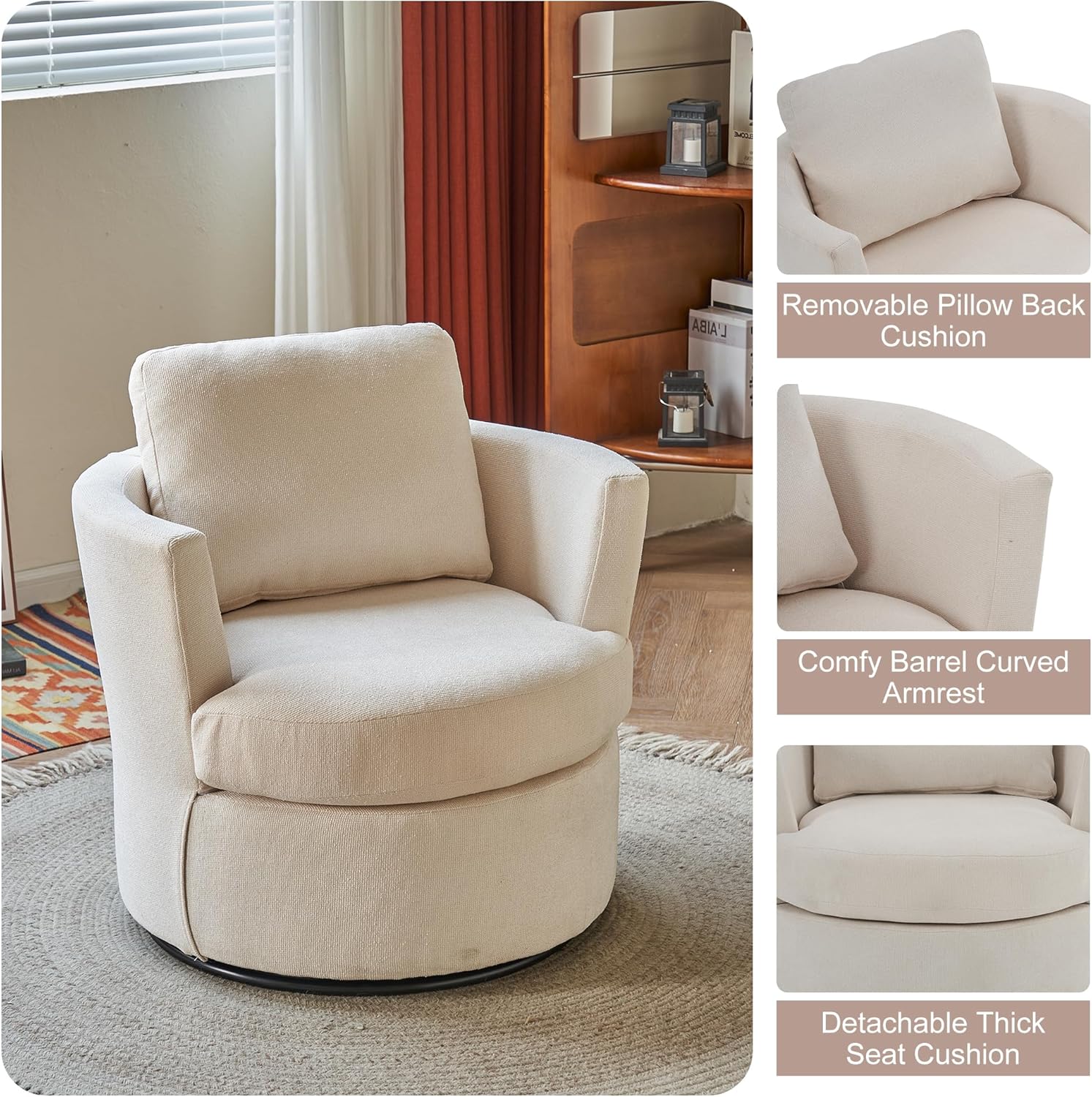 Suheww Silla decorativa giratoria, silla redonda de barril giratorio de 360 con almohadas para sala de estar, dormitorio, cómodo respaldo