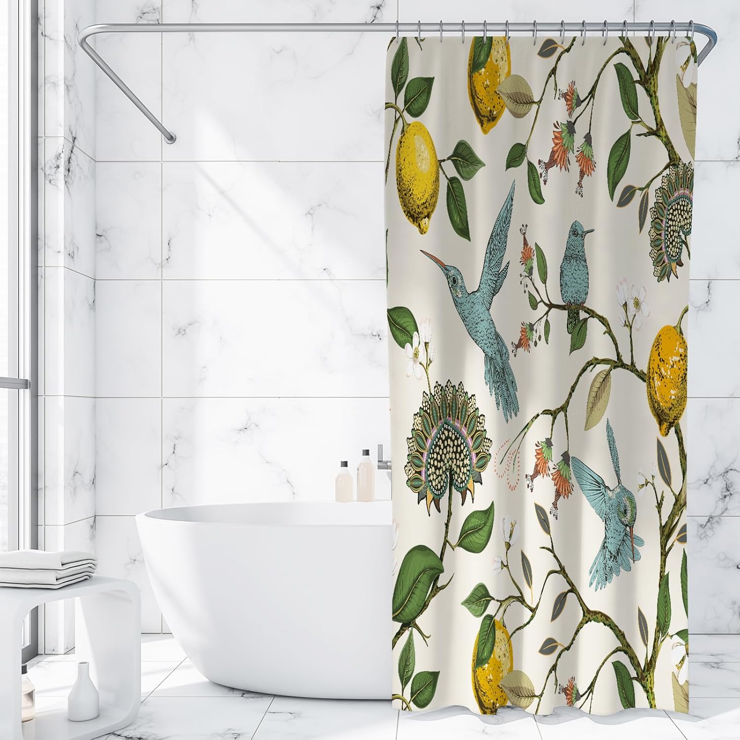 AnyDesign – Cortina de ducha de limón, diseño de pájaros azules, árbol de limón, decoración de baño, juego de cortina de baño retro con ganchos para