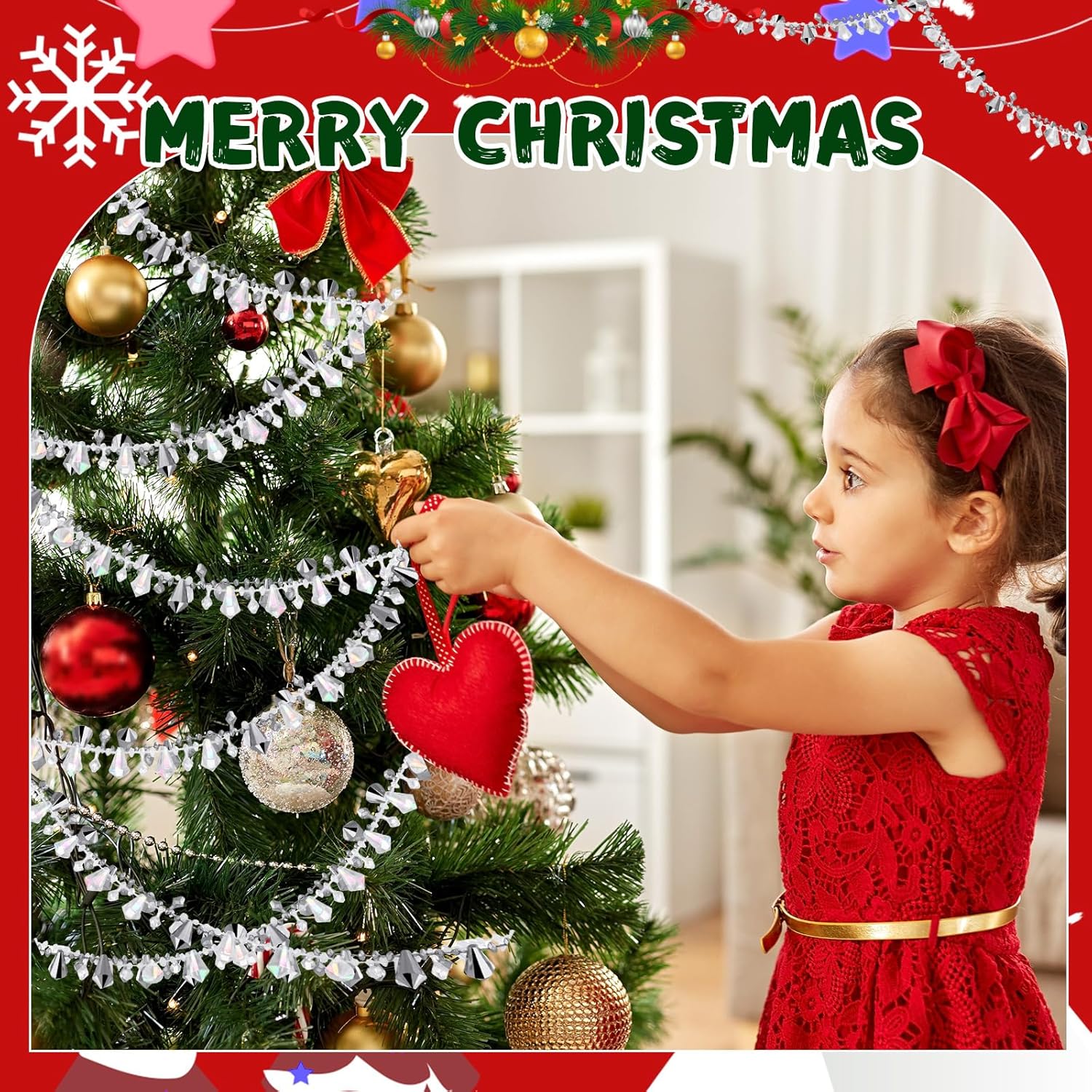 Bucherry Guirnalda de Navidad de 20 pies con cuentas de acrílico de cristal para colgar decoraciones rústicas para árbol de Navidad, adornos de