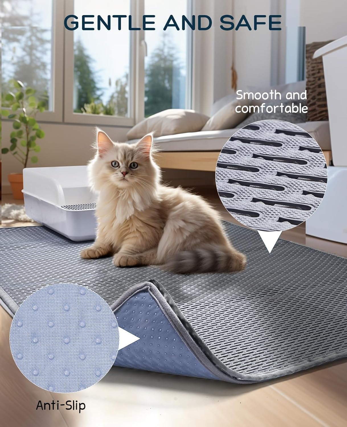 BurgeonNest Tapete de arena para gatos de 45 x 32 pulgadas, diseño de velcro, lavable extra grande XL, tapete para atrapar arena para gatitos,