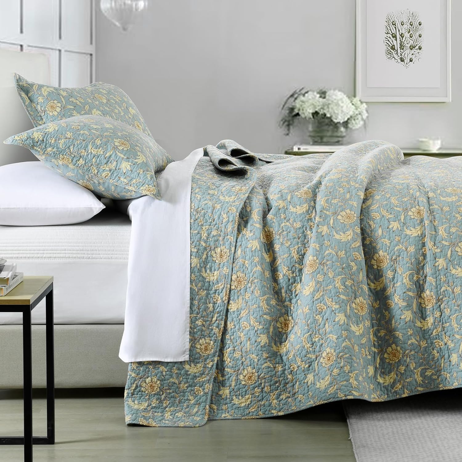 Finlonte Colchas tamaño Queen 100% algodón ligero suave Queen Colcha Vintage Botánico Acolchado Colcha Azul Edredón Beige Floral Reversible Juego de