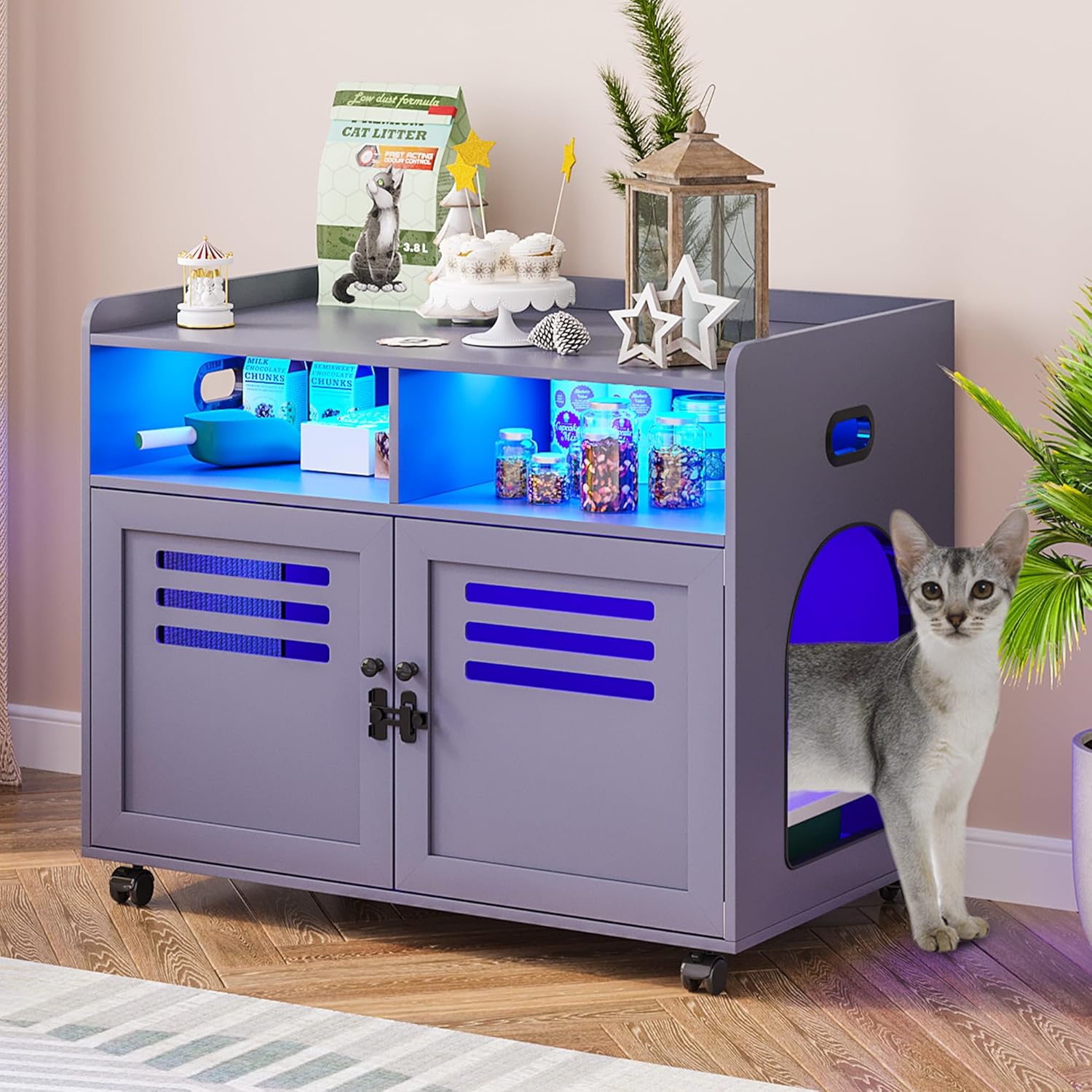 FOMNEY Caja de arena para gatos, mueble oculto con cuerpo humano, 3 luces LED de color, jaula para gatos con 2 cajones abiertos y 1 puerto USB, casa