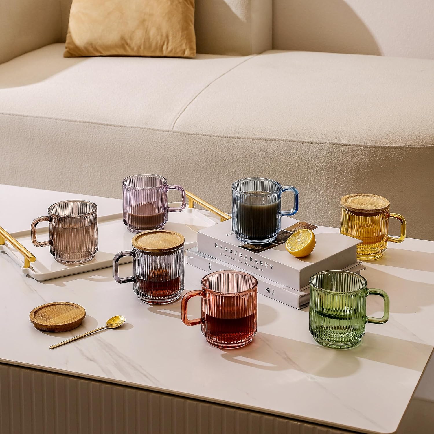 Lysenn Taza de café de vidrio con tapa, taza de té de vidrio clásica con rayas verticales de alta calidad, para leche, té, chocolate, jugo, agua,