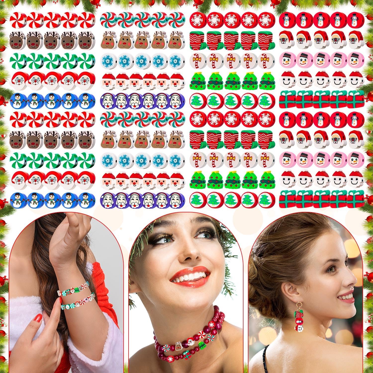 200 cuentas de arcilla polimérica de Navidad, cuentas espaciadoras Heishi mixtas para mujeres y niñas, pulseras, aretes, collares, fabricación de