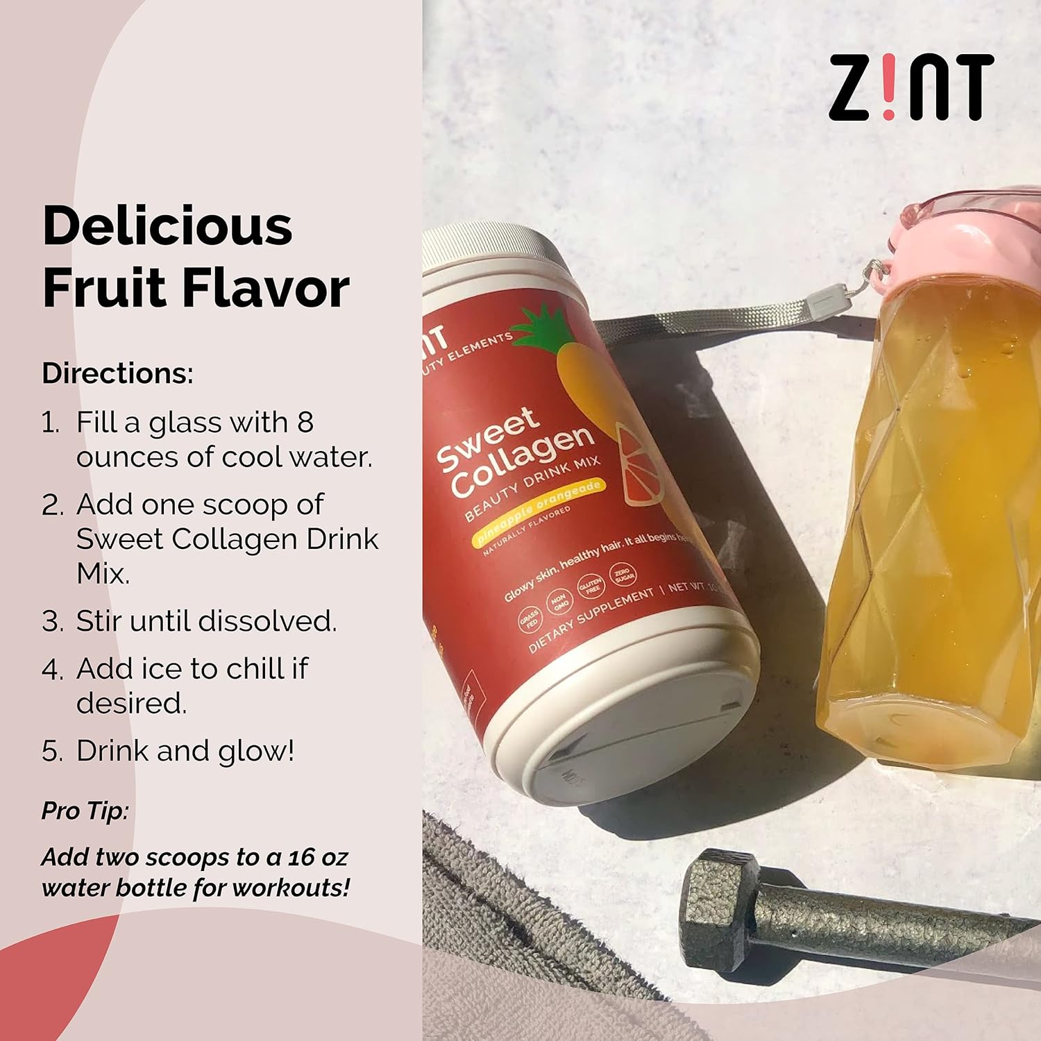 Zint Mezcla de bebida de belleza en polvo de colágeno dulce (piña orangeade) delicioso suplemento proteico de péptidos de colágeno hidrolizados,