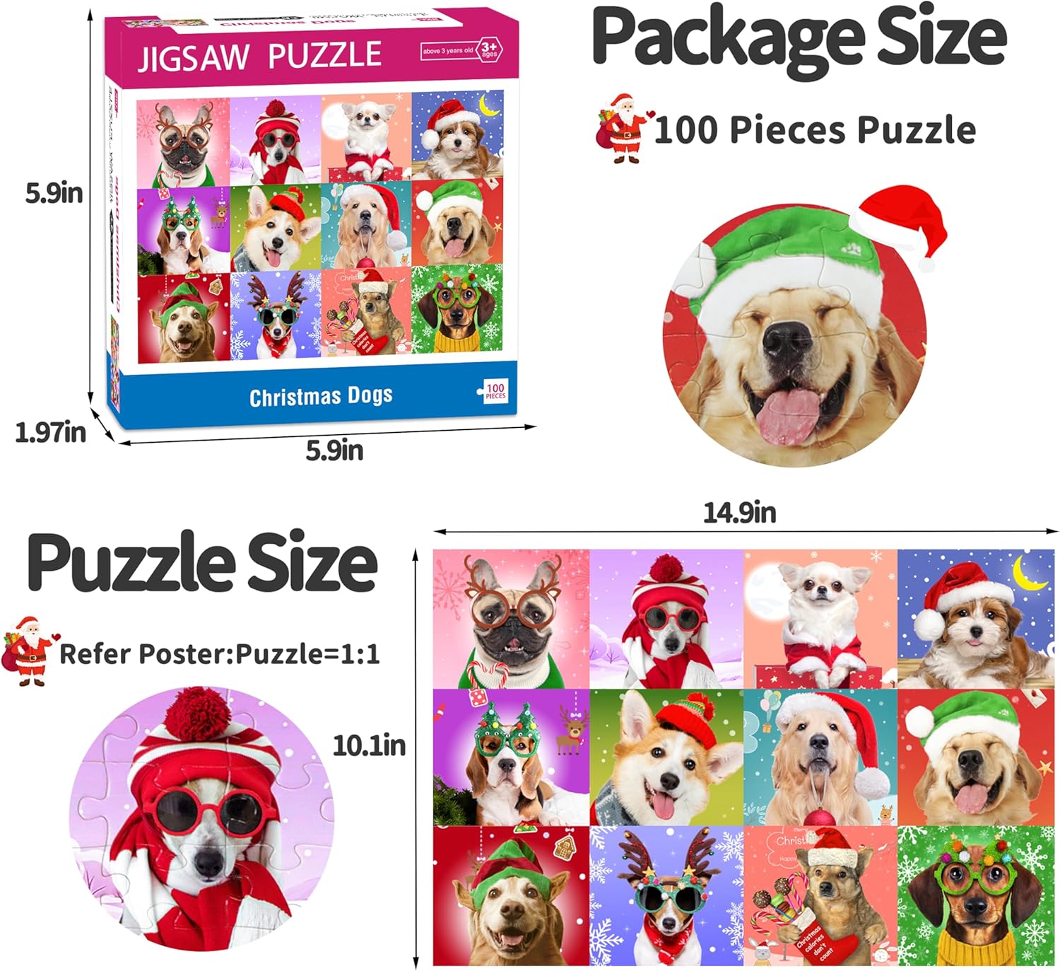 Rompecabezas para niños de 4 a 8 años, 3 a 5, 8 a 10 años, rompecabezas de Navidad de 100 piezas para niños, perros de Navidad, rompecabezas