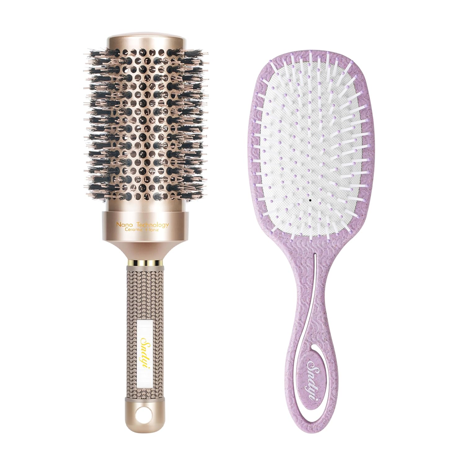 Sndyi Cepillo redondo para secado y desenredar el cabello, 1 cepillo de pelo nano térmico de cerámica y tecnología iónica con cerdas de jabalí, 1