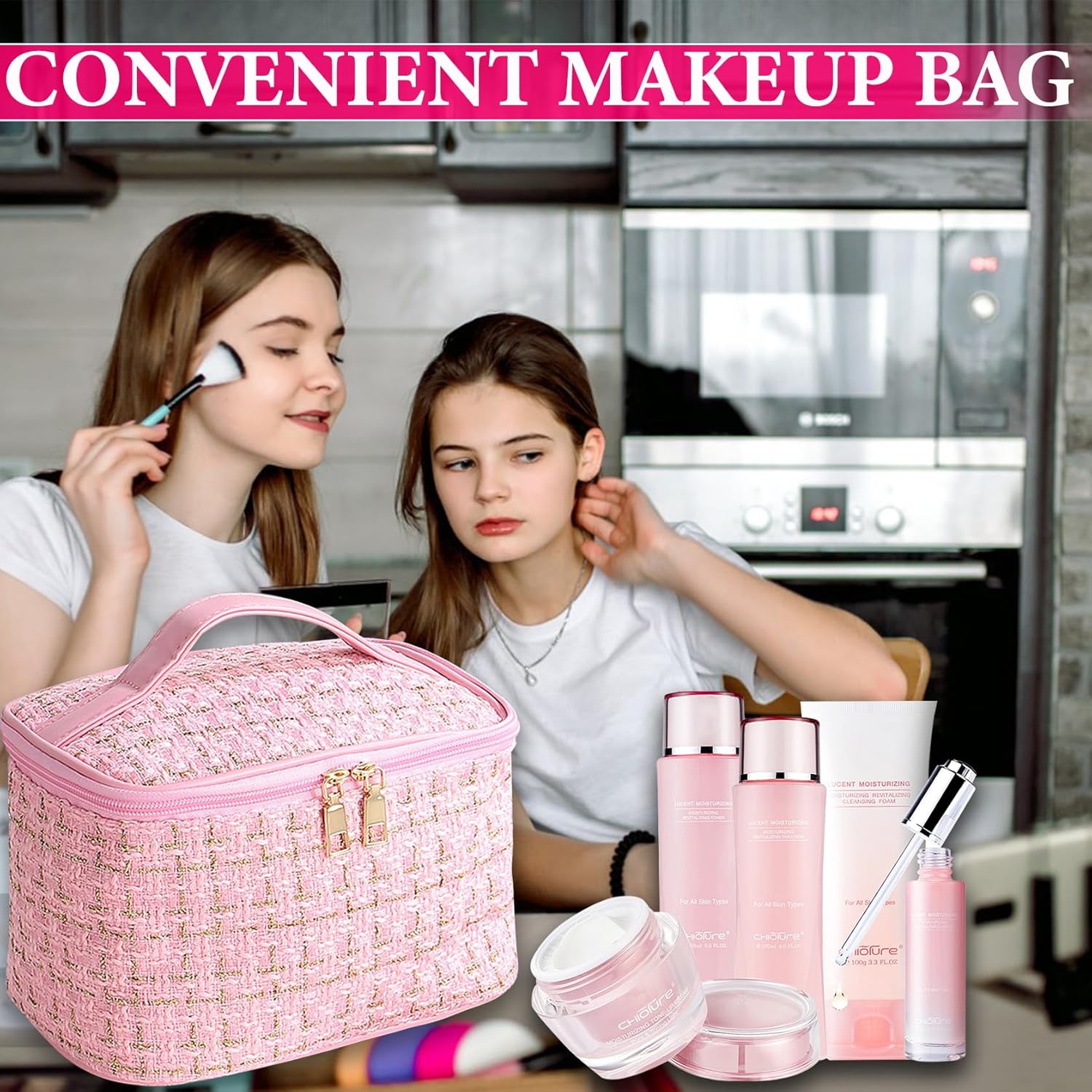 Bolsa de maquillaje a cuadros Bolsa de cosméticos, Rosado