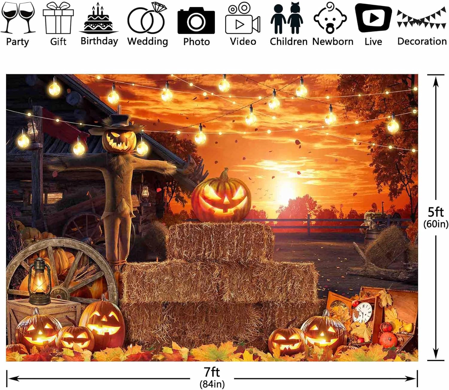 ZTHMOE Telón de fondo de fotografía de Halloween de poliéster de 7 x 5 pies, diseño de calabaza de diablo sombrío, horrible espantapájaros, cartel