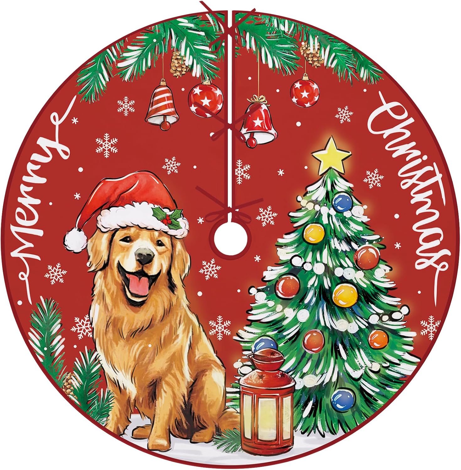 Feliz Navidad Golden Retriever – Falda de árbol de perro de 36 pulgadas con cordones, sombrero de Papá Noel, falda de árbol de Navidad roja