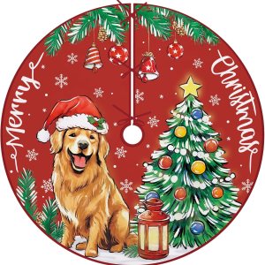 Feliz Navidad Golden Retriever – Falda de árbol de perro de 36 pulgadas con cordones, sombrero de Papá Noel, falda de árbol de Navidad roja Feliz Navidad Golden Retriever – Falda de árbol de perro de 36 pulgadas con cordones, sombrero de Papá Noel, falda de árbol de Navidad roja