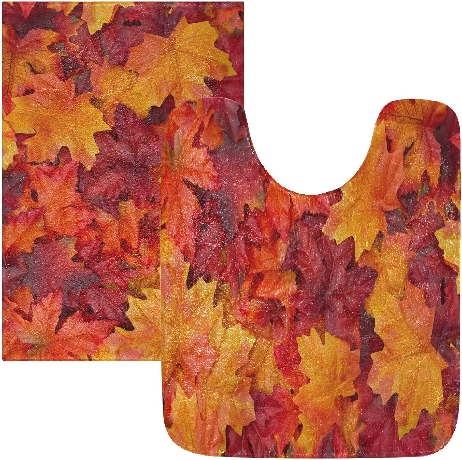 Bathroom Rugs Sets 2 Piece 24×16+24×20 Inch,Soft U-Shaped Contour Toilet Rug Red Maple Leaf Non-Slip Absorbent Bath Floor Mat Carpet Set Water