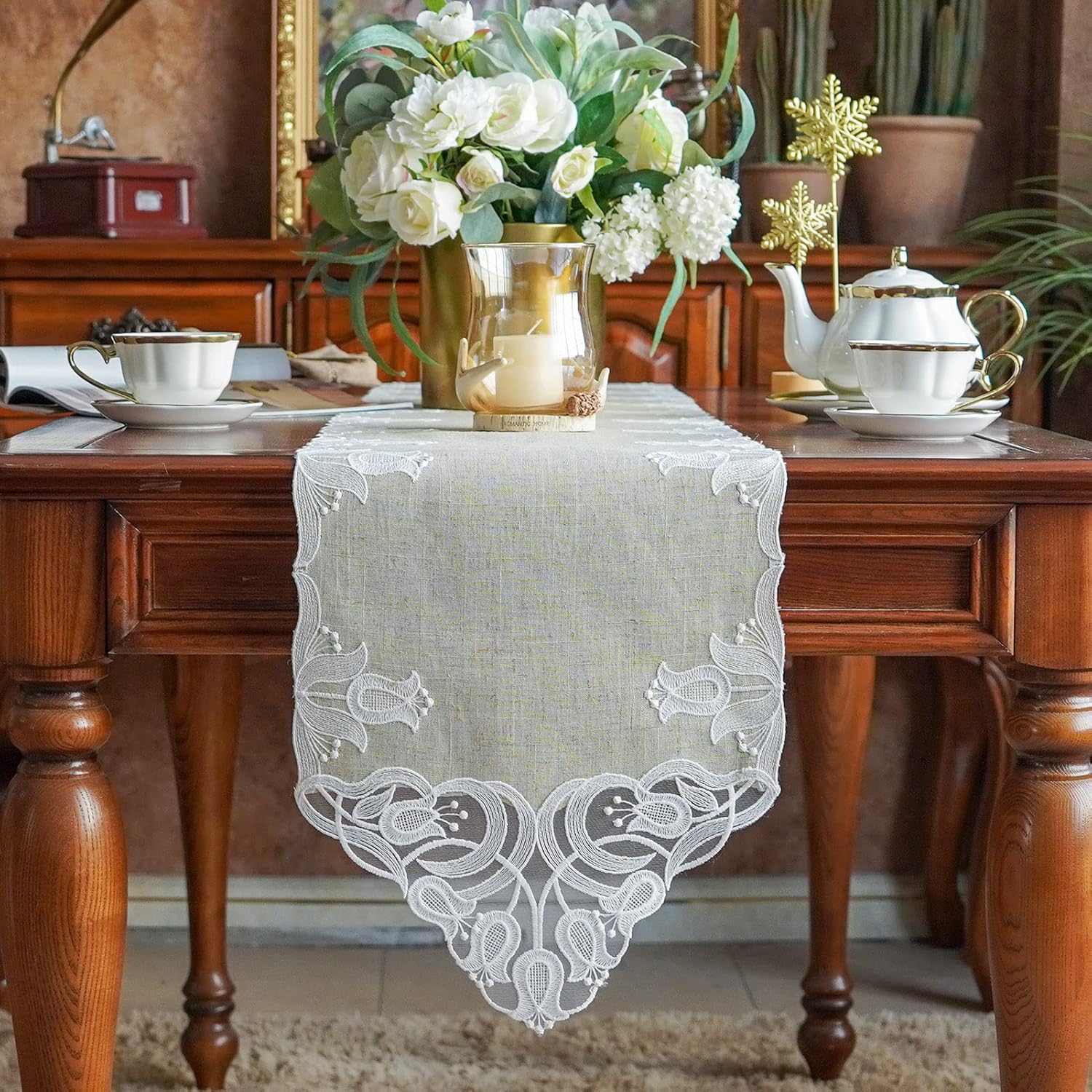 ARTABLE Camino de mesa de encaje macramé vintage con flores vintage con exquisito bordado caminos de mesa para cocina, hogar, boda, fiesta, comedor