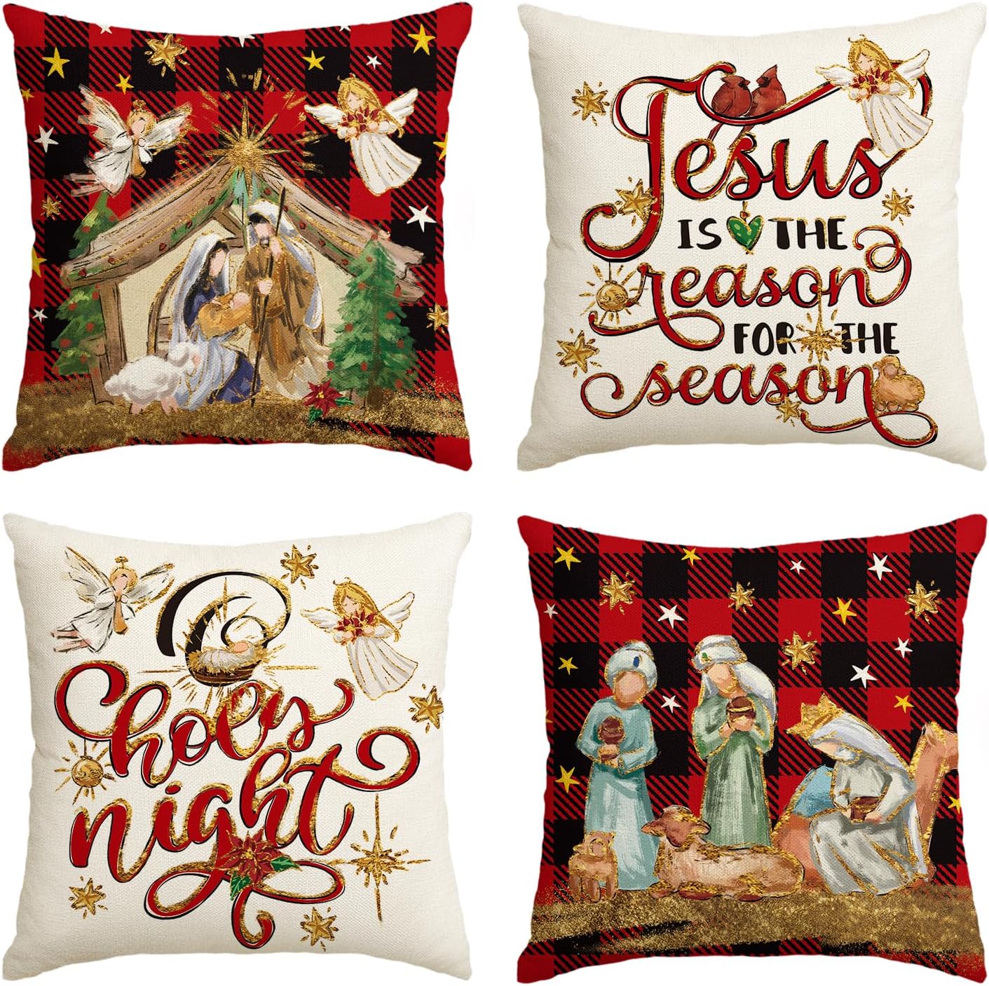 AVOIN colorlife Christmas O Holy Night Jesus Cardinal Buffalo – Juego de 4 fundas de almohada a cuadros, 20 x 20 pulgadas, con texto de Navidad,