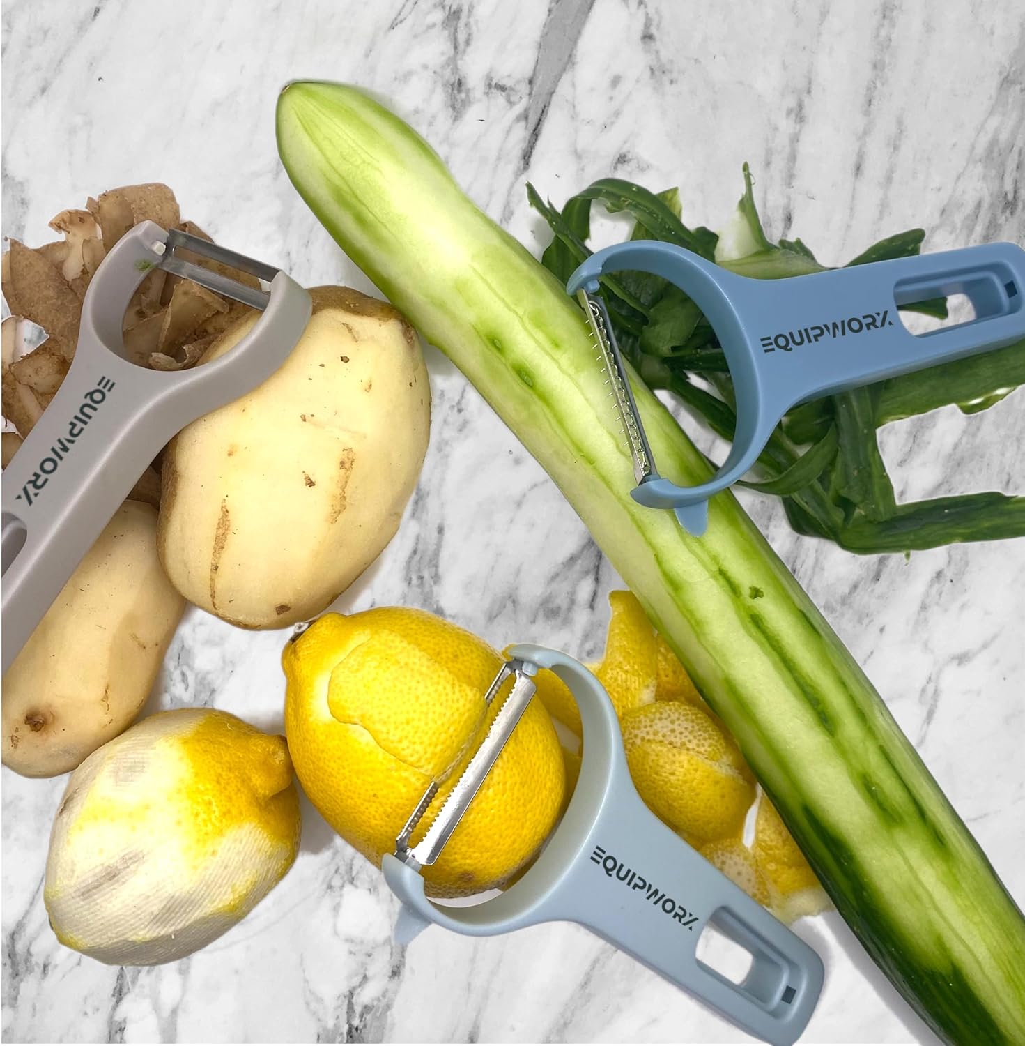 Juego de peladores multiusos apilables de 3 piezas, peladores en Y, para frutas y verduras, zanahoria, pepino, papas, cuchillas de acero inoxidable,