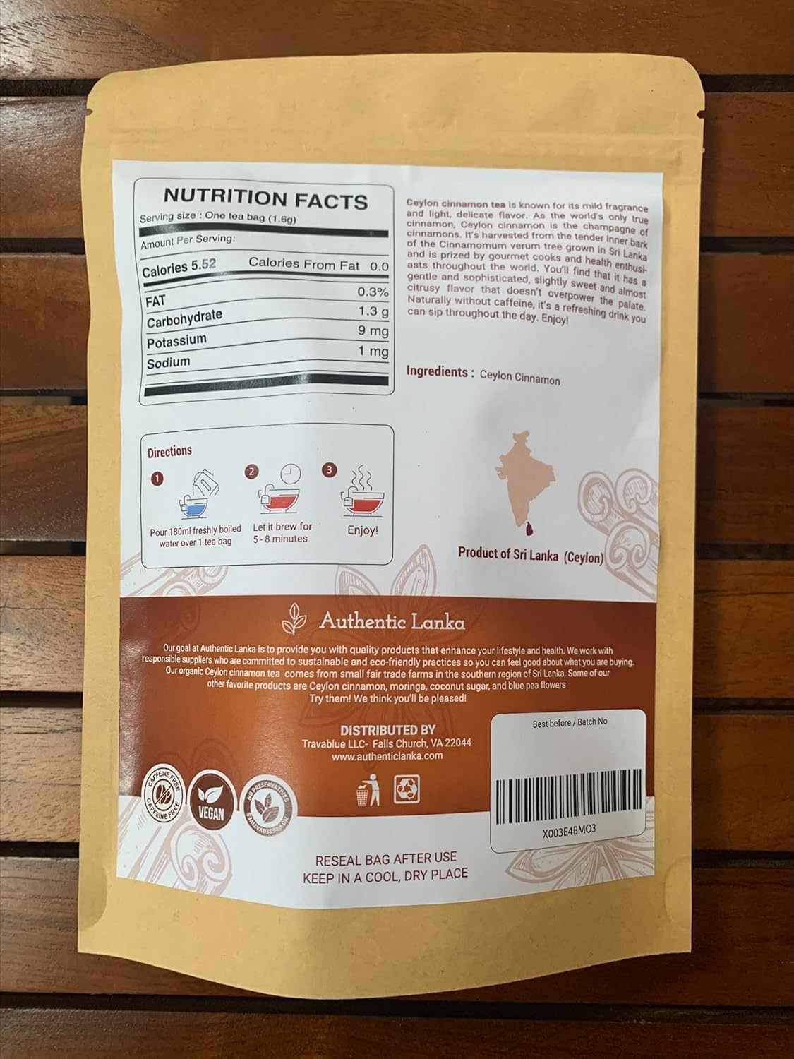 Authentic Lanka Té de canela de Ceilán, té de especias de hierbas, bebida orgánica de canela, paquete de 25 bolsas de té de canela auténtica de Sri