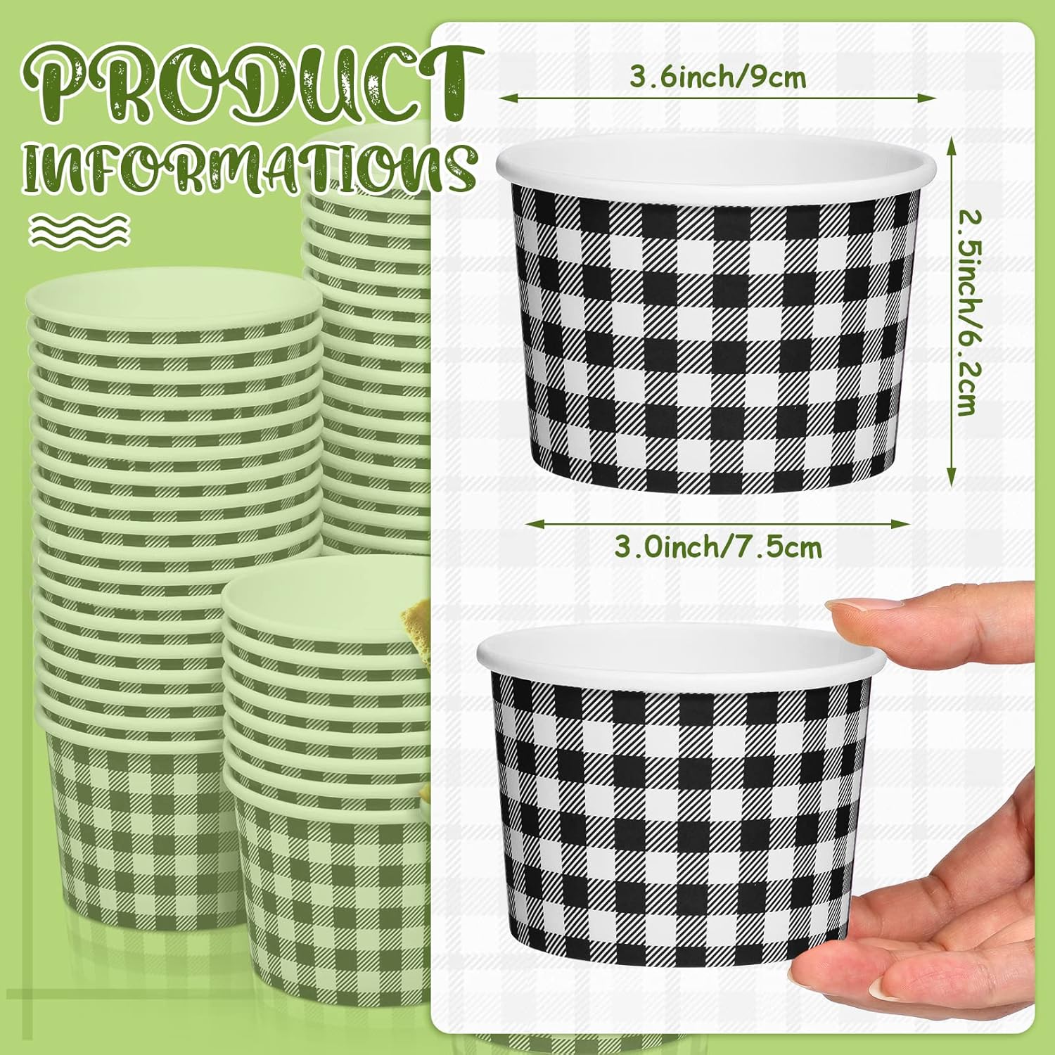 Sieral Vasos de papel para helado de 9 onzas, tazones de papel desechables de guinga, tazas de picnic a granel, postre de pícnic, taza de papel a