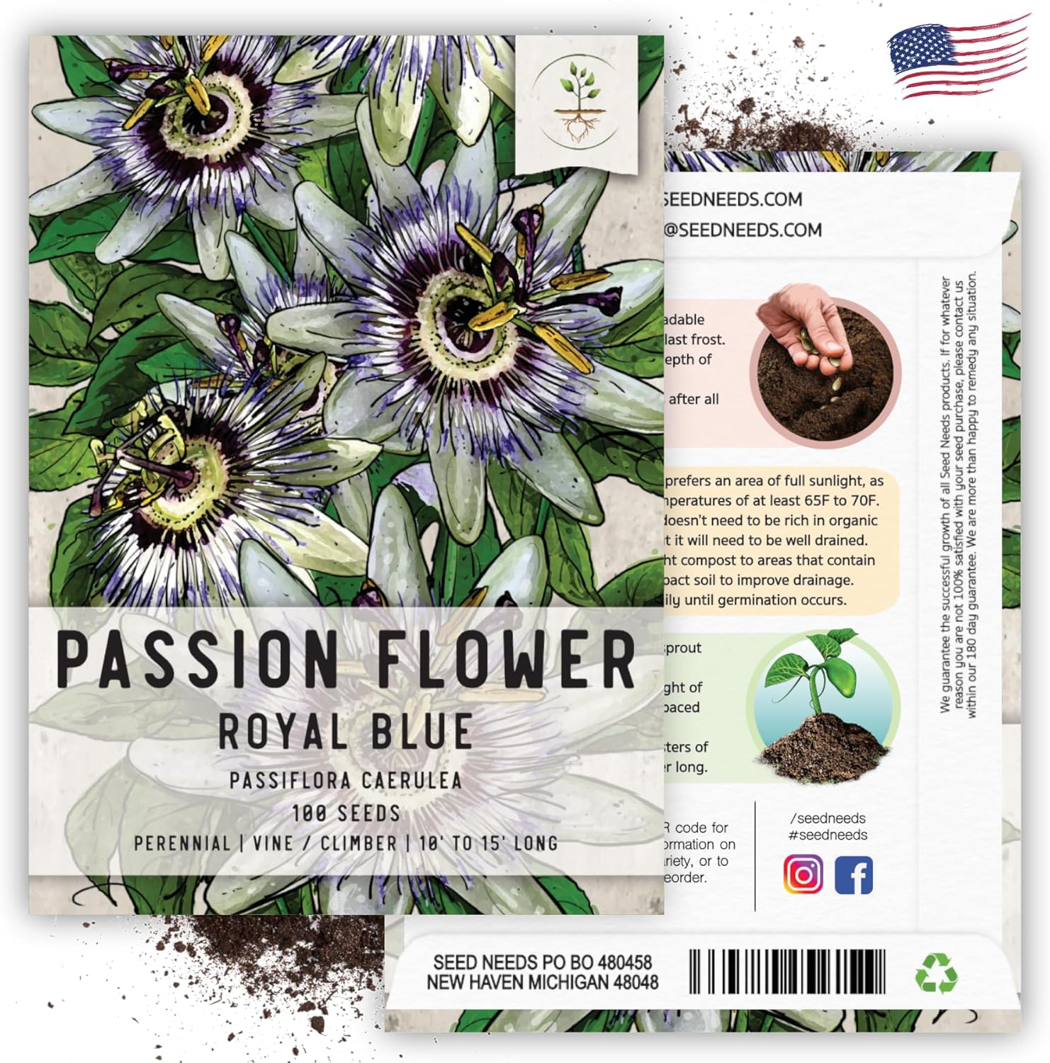 Seed Needs, Royal Blue Semillas de flor de la pasión  100 semillas tradicionales para plantar passiflora caerulea  vid tropical polinizada abierta