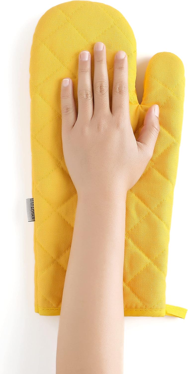 M Miaoyan – Juego de 4 guantes de horno y soportes para ollas, resistentes al calor, 500 grados, extra gruesos, largos, de algodón, para cocina (12