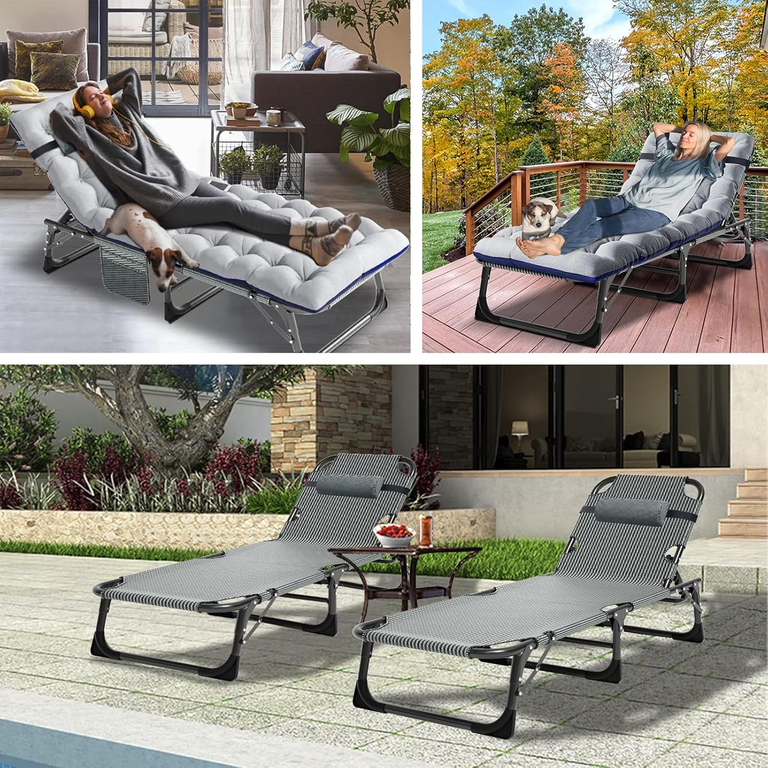 ABORON Paquete de 2 sillas plegables 3 en 1, silla tumbona de carga resistente de 500 libras, silla portátil ajustable para el hogar, jardín, playa,