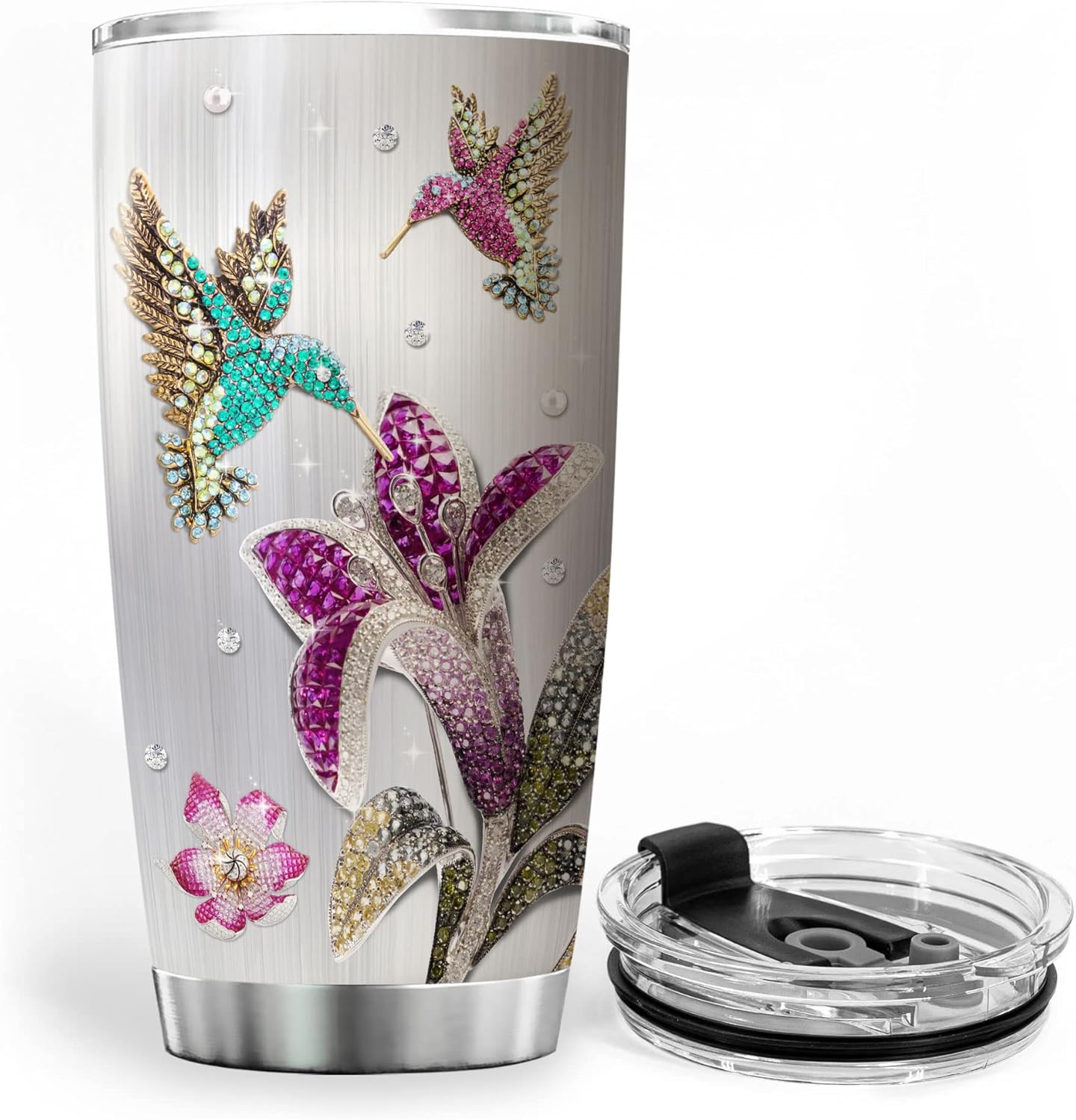 ZOXIX Vaso de colibrí personalizado con nombre, 20 onzas, estilo de joyería, floral, animal, pájaro, taza de café con tapa, regalo de cumpleaños de