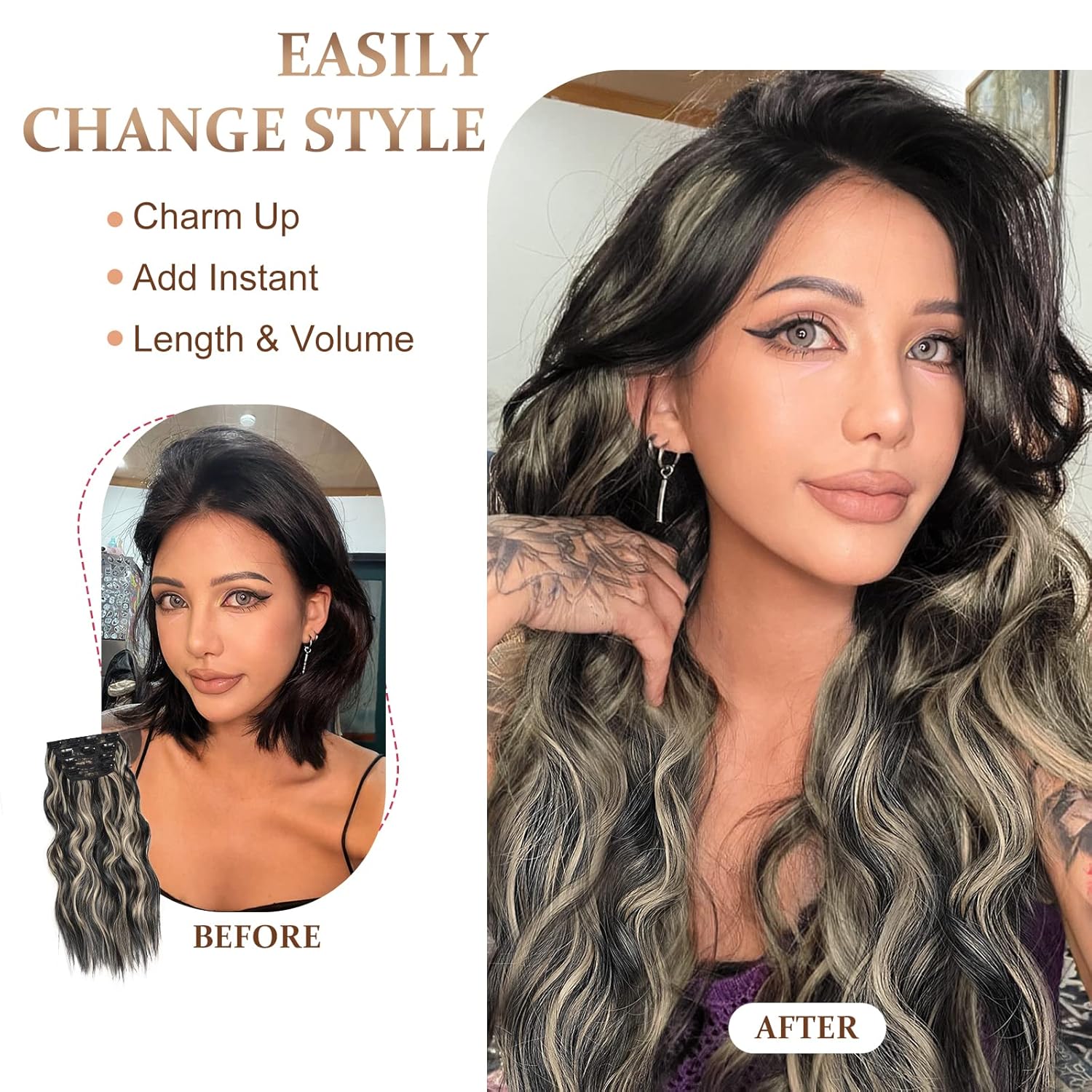 Vigorous Extensiones de cabello sintético con pinzas, 4 unidades, extensiones de cabello sintético largo ondulado con mezcla de rubio negro para
