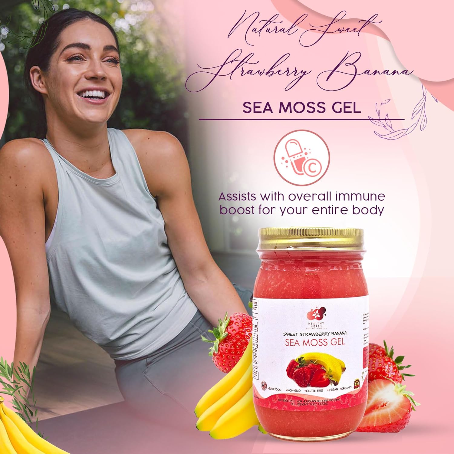 Healthy Herbs – Gel de musgo marino (plátano y fresa dulce) elaborado en forma silvestre a partir de jamaicana Santa Lucía Gold Seamoss