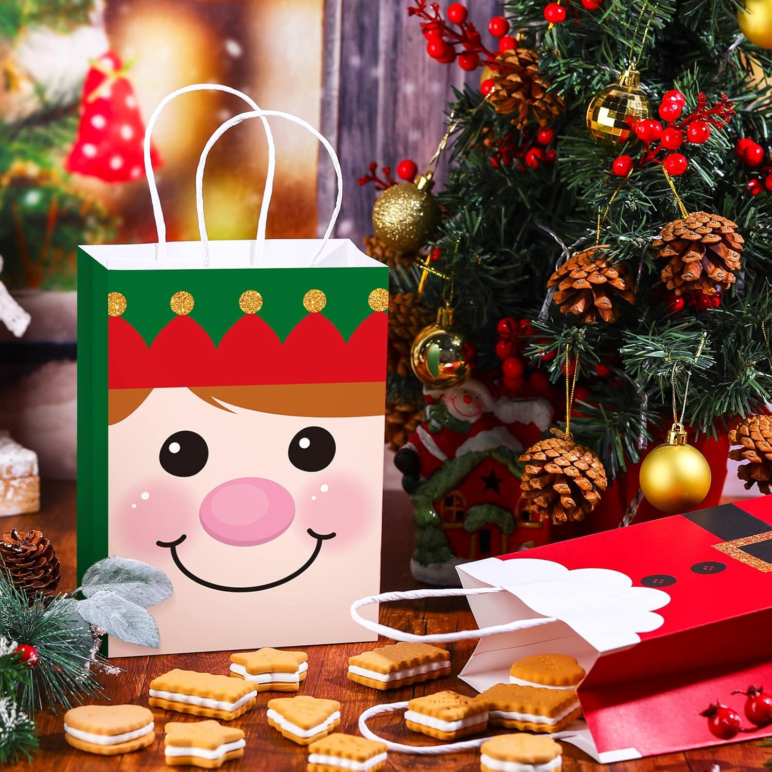 80 bolsas de regalo de Navidad con asas, tamaño pequeño, reutilizables, bolsas de papel de estraza de papel de estraza de Feliz Navidad, bolsas de