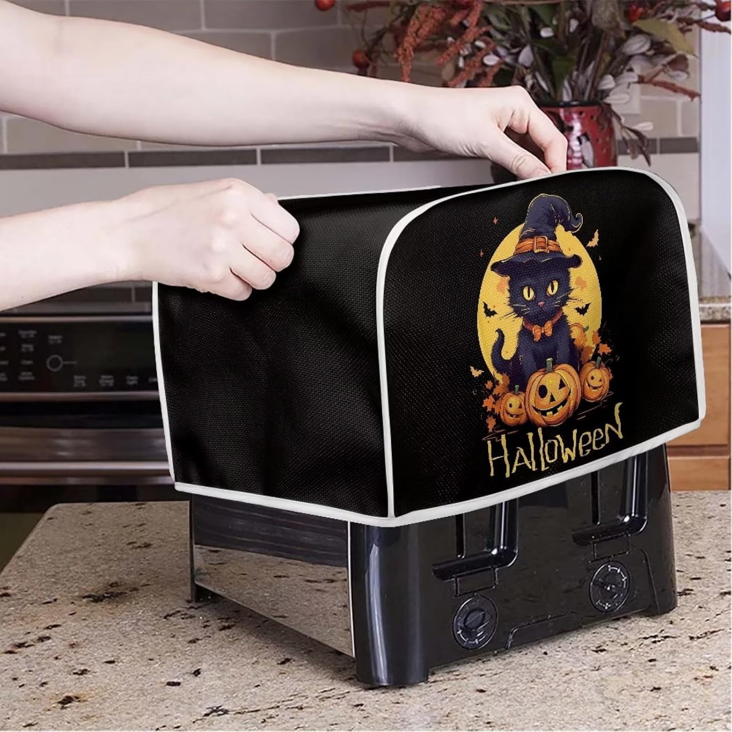 Funda para hacer pan de Halloween, cubierta antipolvo lavable para tostadora de gato de calabaza, 2 rebanadas, cubierta duradera antisalpicaduras,