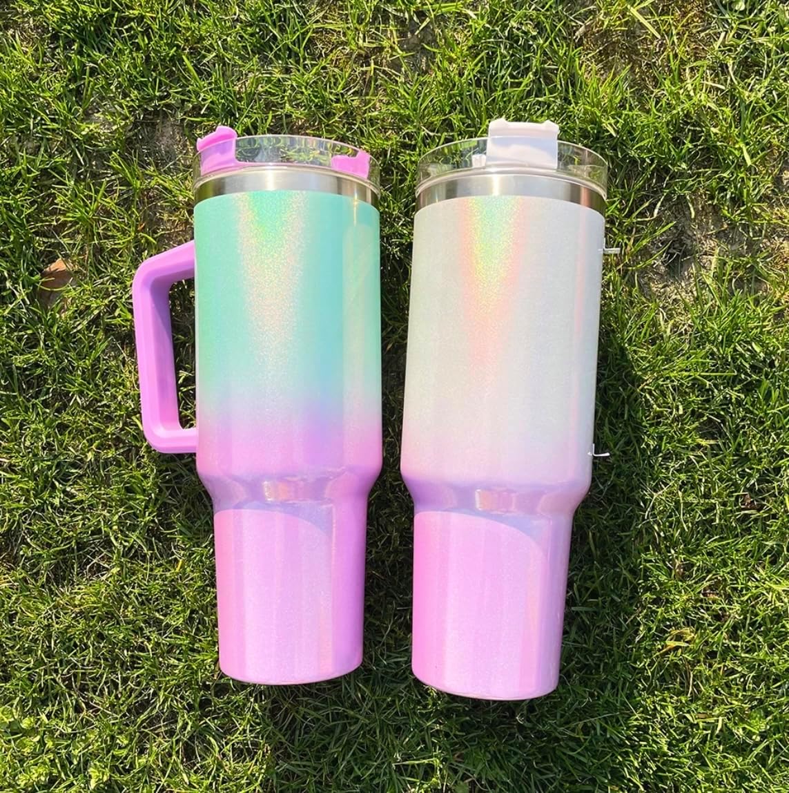 Vaso brillante de 40 onzas con asa y tapa con pajilla. Vaso térmico para café de 40 onzas con asa, tapa y pajita. Mantiene las bebidas frías y