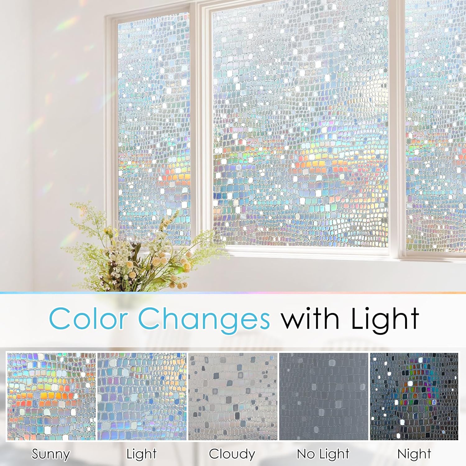 rabbitgoo Película decorativa de privacidad para ventana, diseño de arco iris, adhesivo 3D para ventana, bloqueo solar anti-UV, control de calor,