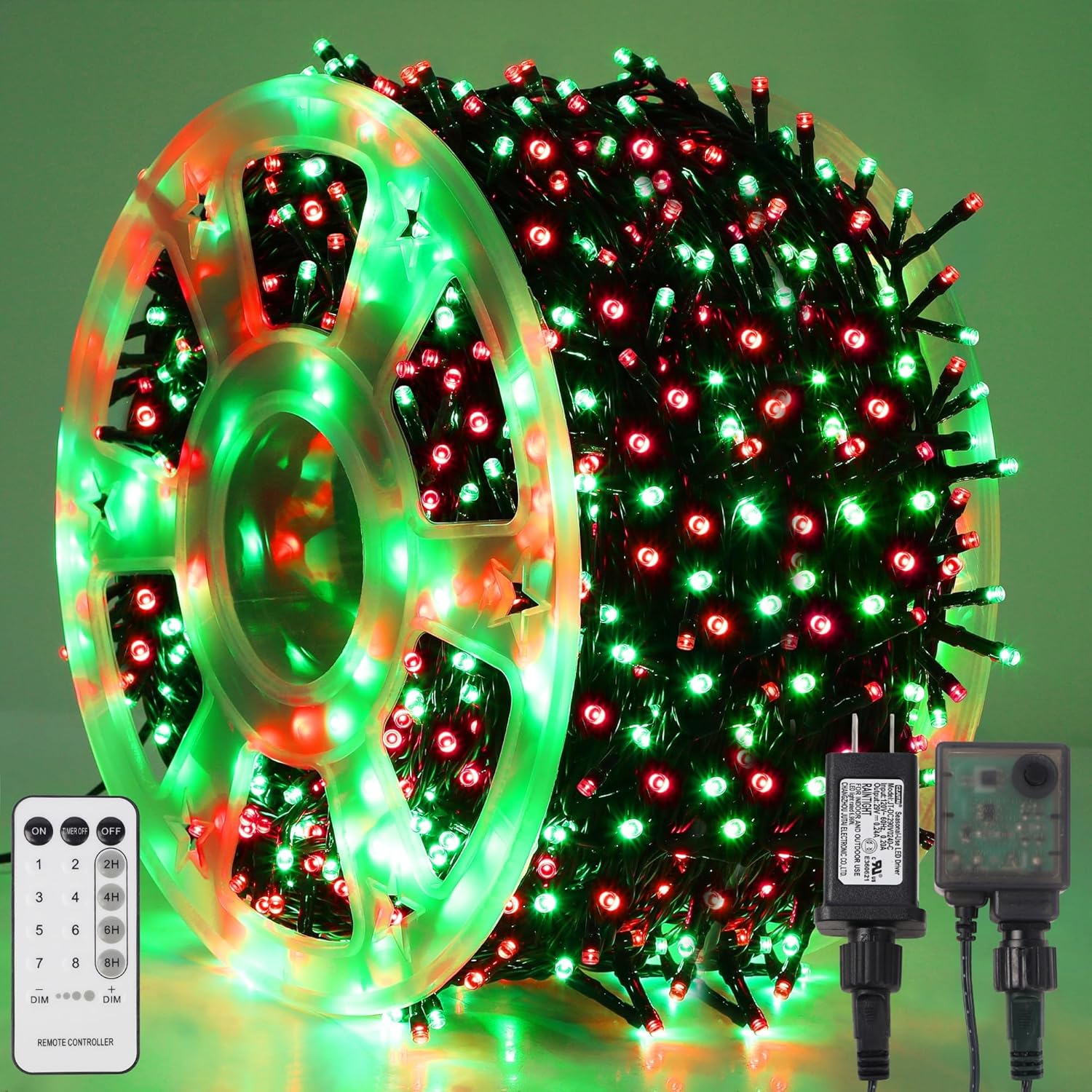 LJLNION 1000 luces LED de Navidad, extralarga de 328 pies de alambre verde de Navidad para enchufar al aire libre, control remoto y 8 modos de